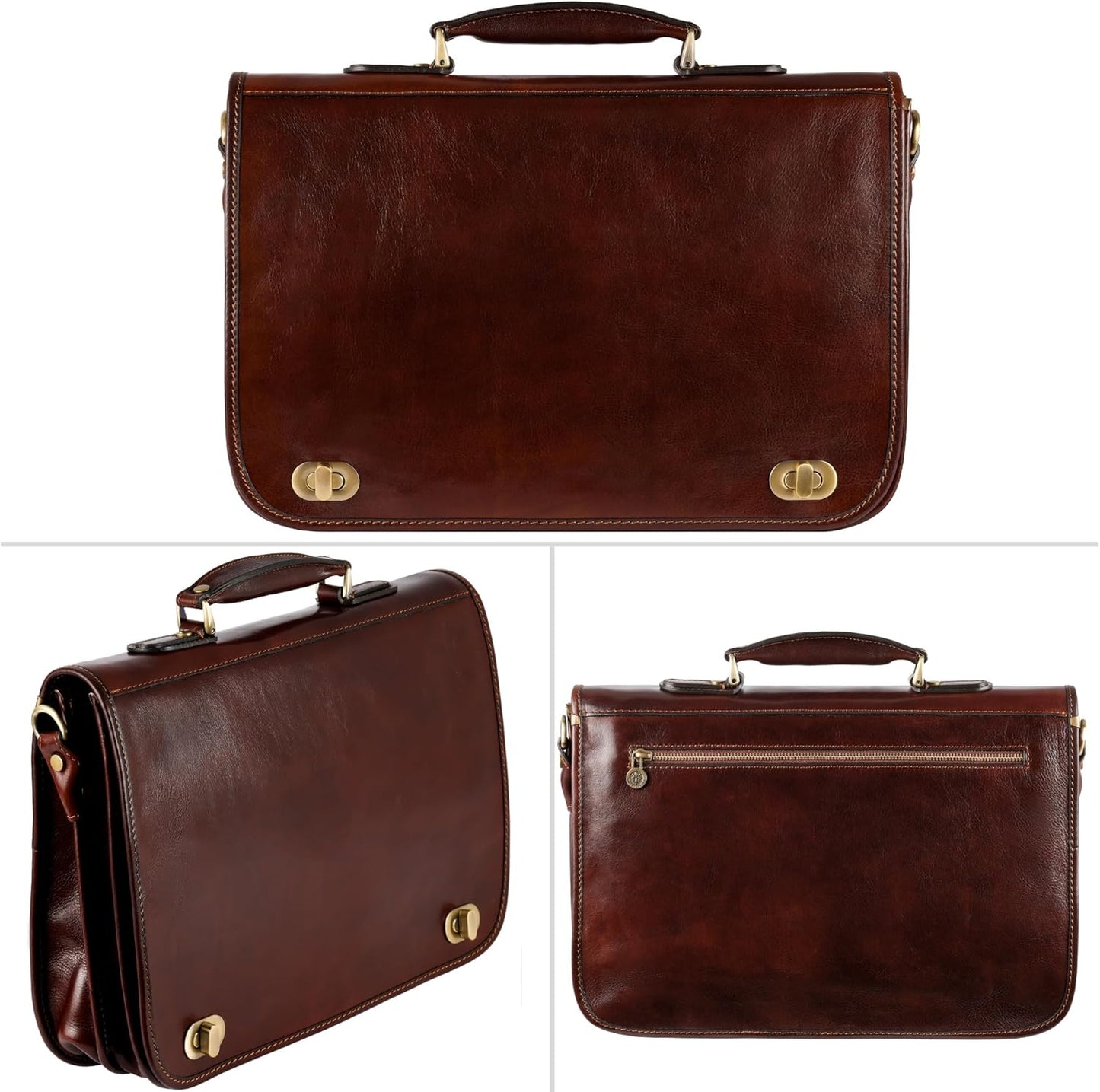 Time Resistance Leather Briefcase for Men - Italian Full Grain Leather Laptop Bag - Messenger Bag - Gift Box Included