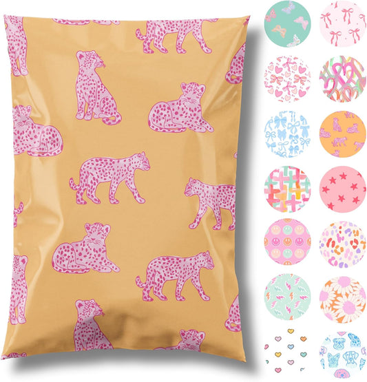 14.5x19 Designer Poly Mailer 100 Pack Heavy Duty Waterproof Self Seal Shipping Bags for Small Business Large Mailing Envelopes Bulk Tear Resistant Packaging Pink Orange Leopard