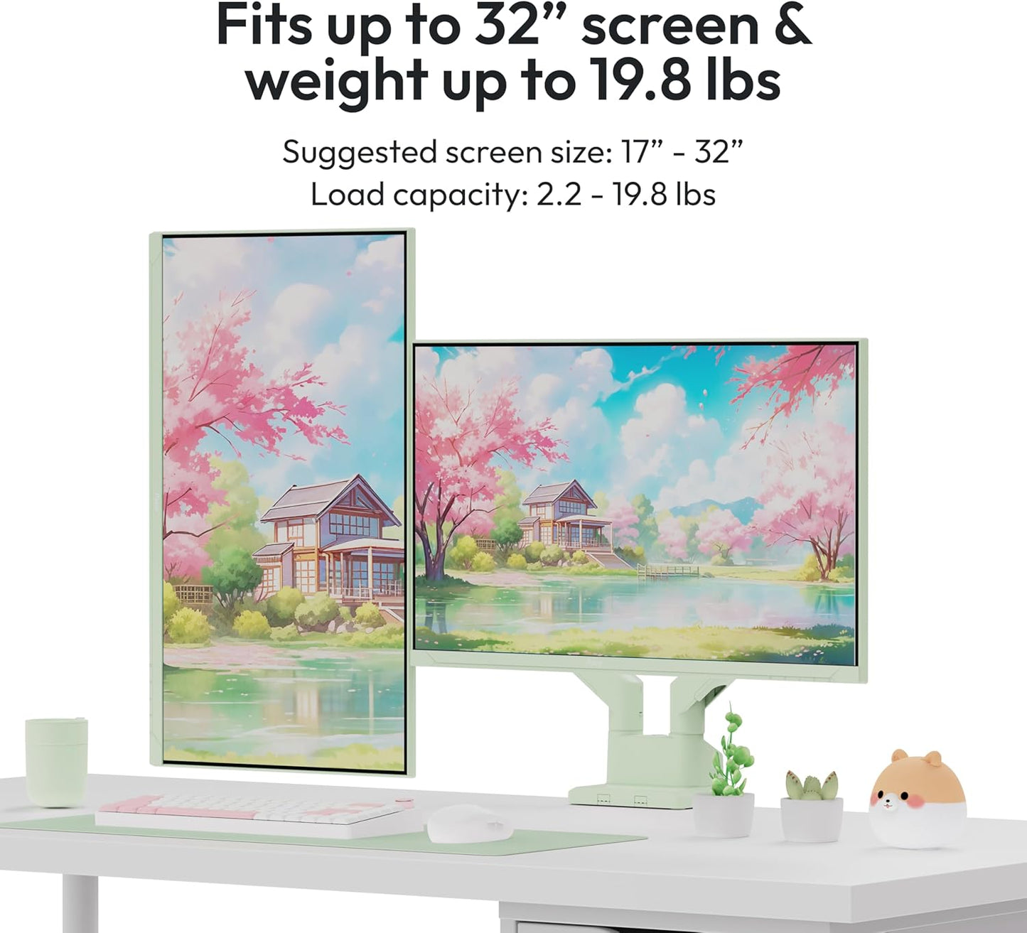 Pixio PS1D Wave Mint Dual Monitor Arm Stand Desk Mount - Fits up to 32 inches Monitors and up to 19.8lbs. VESA Compatibility and Integrated Cable Management