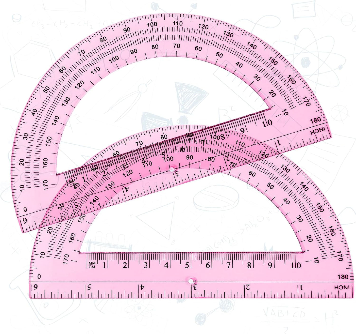 Zonon 2 Pcs 6 Inch Plastic Protractor Math Protractors 180 Degrees Angle Measurement, Translucent for Geometry Classroom Kid Student School Office Supplies(Light Pink)