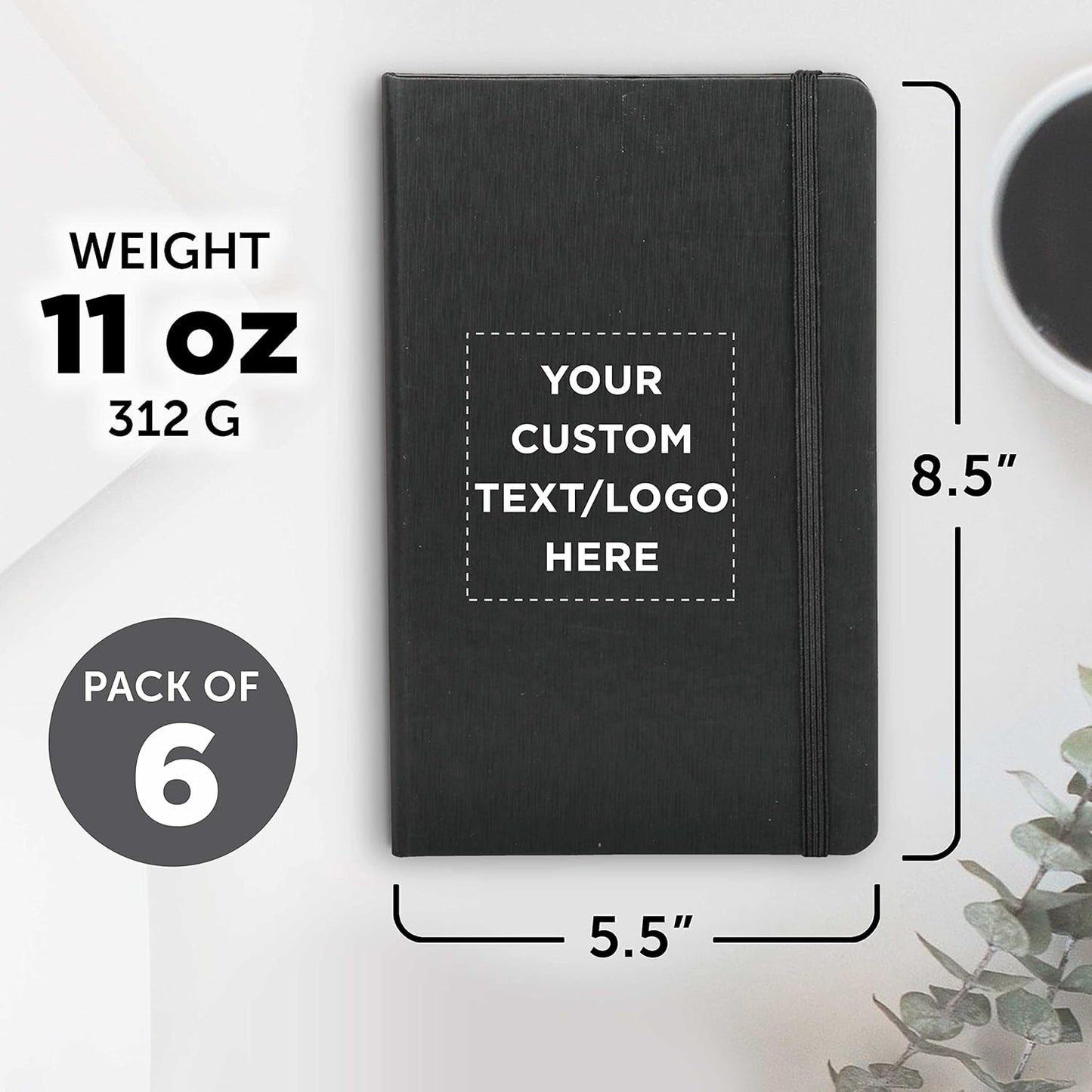 DISCOUNT PROMOS Custom Hardcover Notebook Journals with Elastic Colored Band Set of 6, Personalized Bulk Pack - Perfect for School, Office, Home - Black