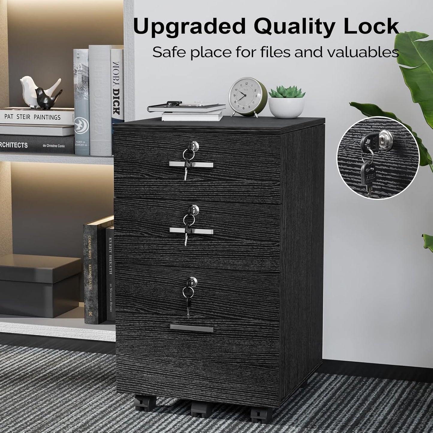 VINGLI 3-Drawer File Cabinet with Lock, Wood Rolling Filing Cabinets for Home Office, Mobile Printer Stand, Under Desk File Organizer for Letter Sized Files, 26" H(Caster Included), Black