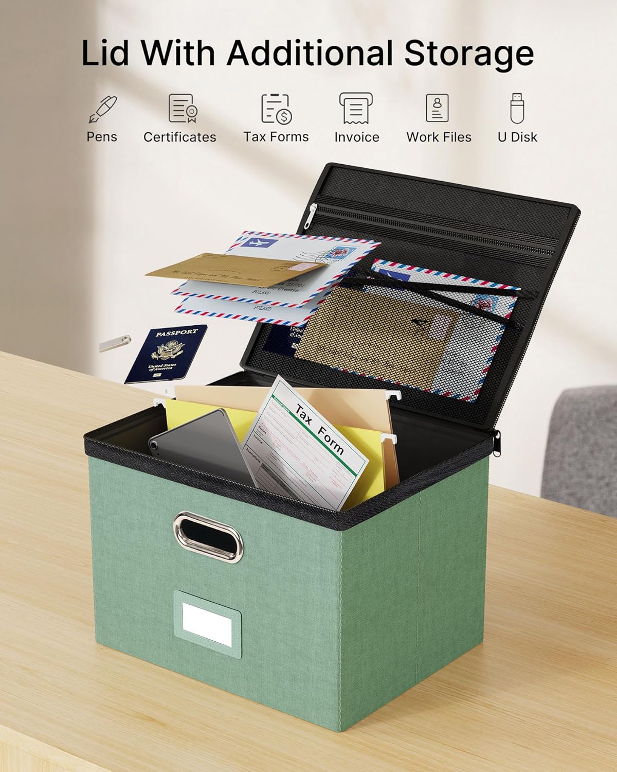 Oterri 2 Pack Large File Organizer Boxes with Lids, File Box with Mesh Pockets, Document Organizer Box for Letter/Legal Size Folders, Zippers Important Document Organizer (Green, Without Folders)