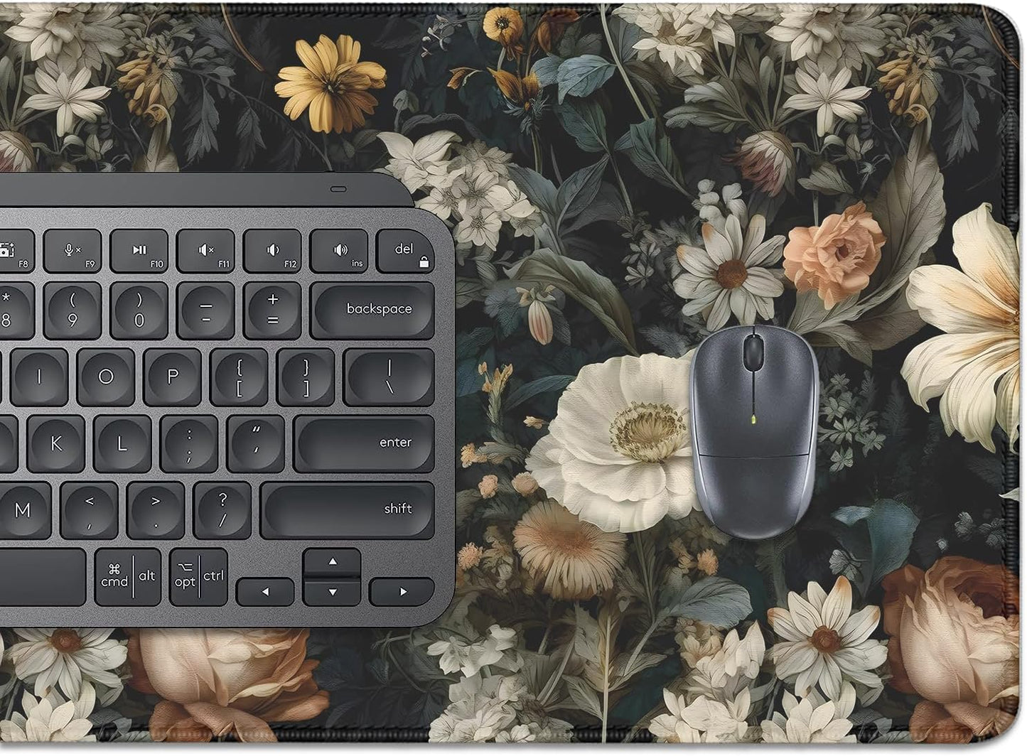 Black Background Flowers Desk Pad Mouse Pad,Large Floral Mouse Mat with Stitched Edges,Non-Slip Rubber Base Elegant Mousepad for Office PC Keyboard Laptop and Home Work Desk Mat(27.5X11.8 in)
