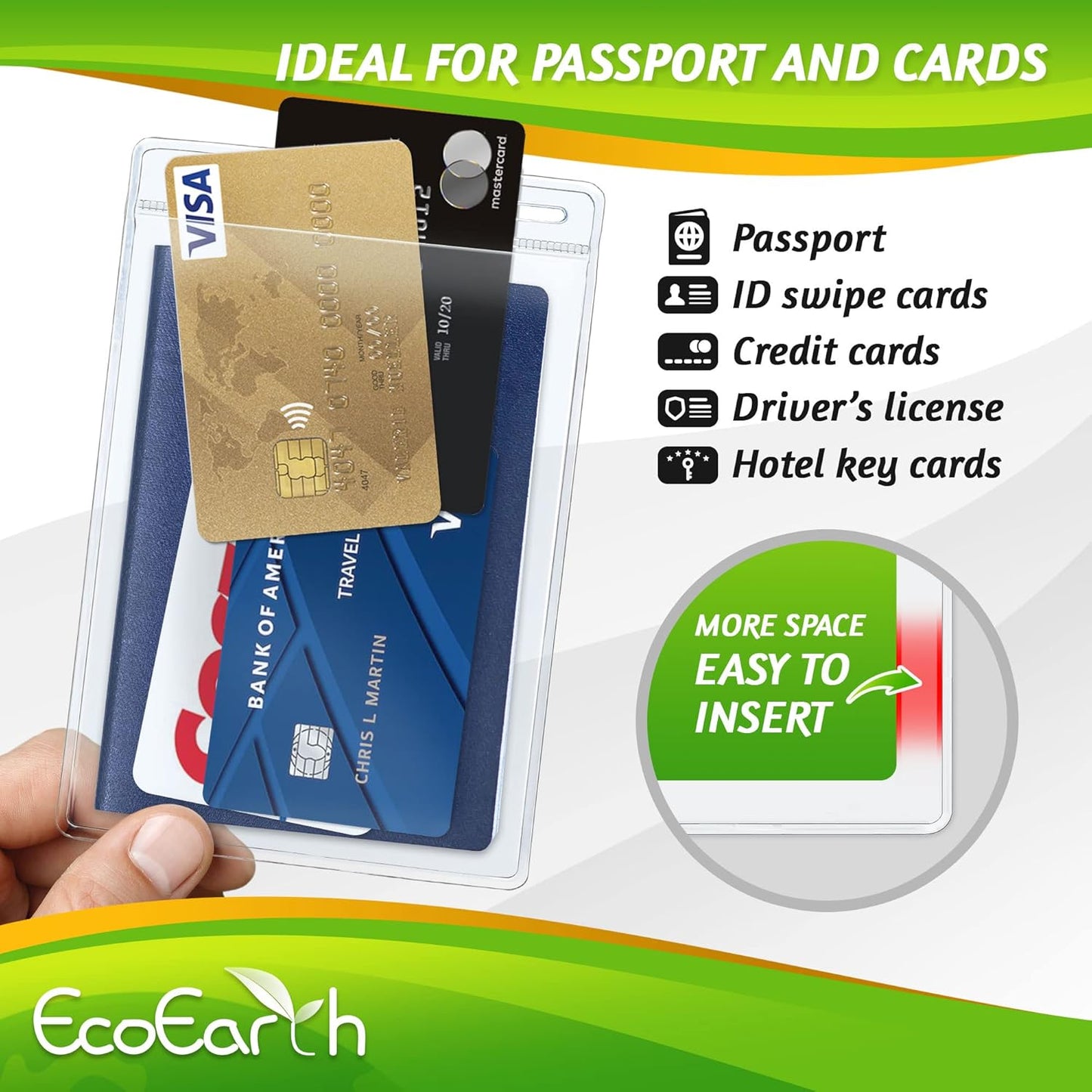 EcoEarth Passport & Identification Card Holders with Soft Edge (Clear, 4x6 Inch, 10 Pack), Extra Large Vertical ID Holder, Zipperless Plastic Name Badge Holders