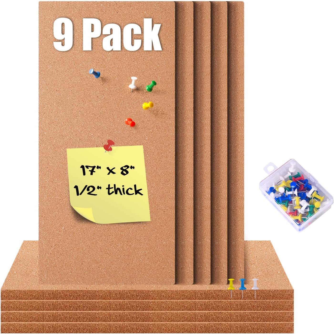 9 Pack Cork Bulletin Board 17"x8" - 1/2" Thick Cork Board Tiles,Self-Adhesive Frameless Cork Tiles Wall Decor with 50 PCS Pushpins for DIY, Office, School and Home Decor