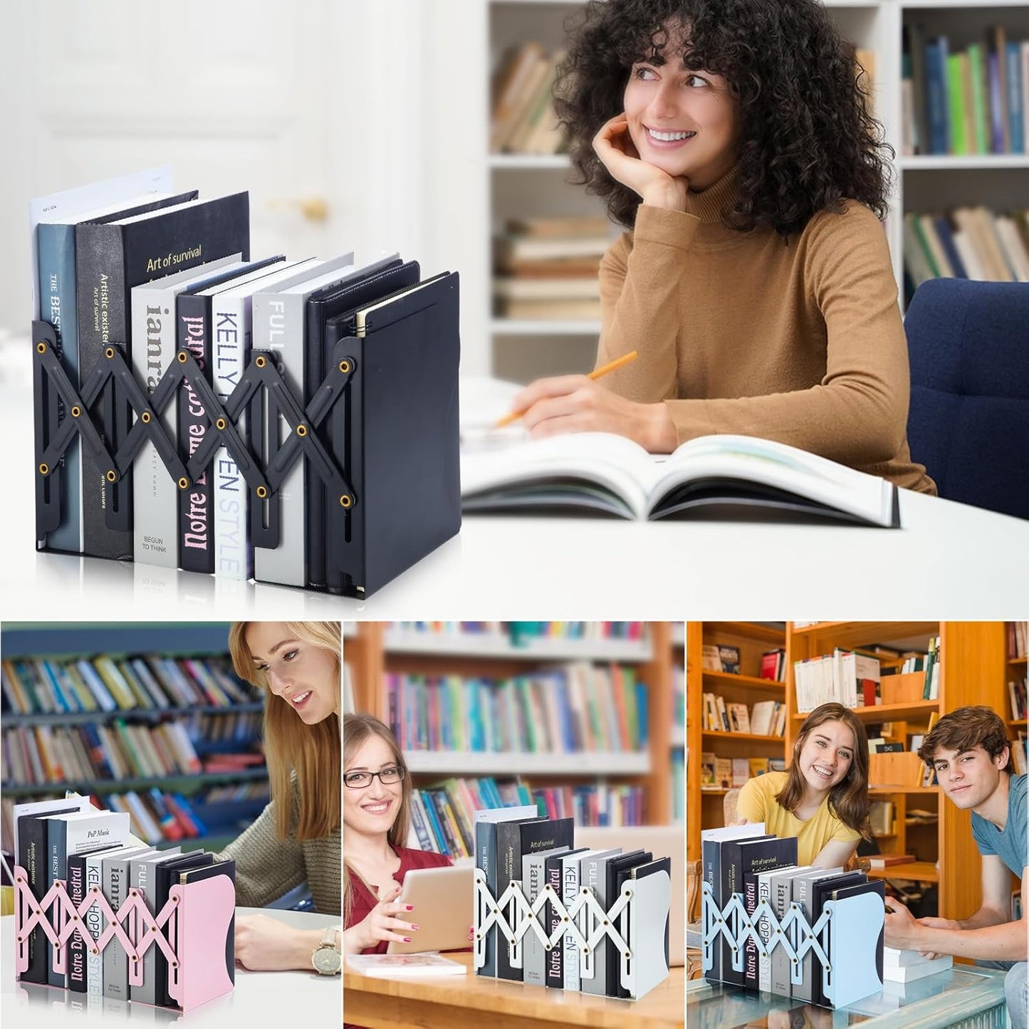 M&G Adjustable Bookends Book Ends for Shelves, Metal Bookend for Heavy Books, Desk Magazine File Organizer Holder Extends up to 20in, Book Stopper for Home, Office, Classroom (White)