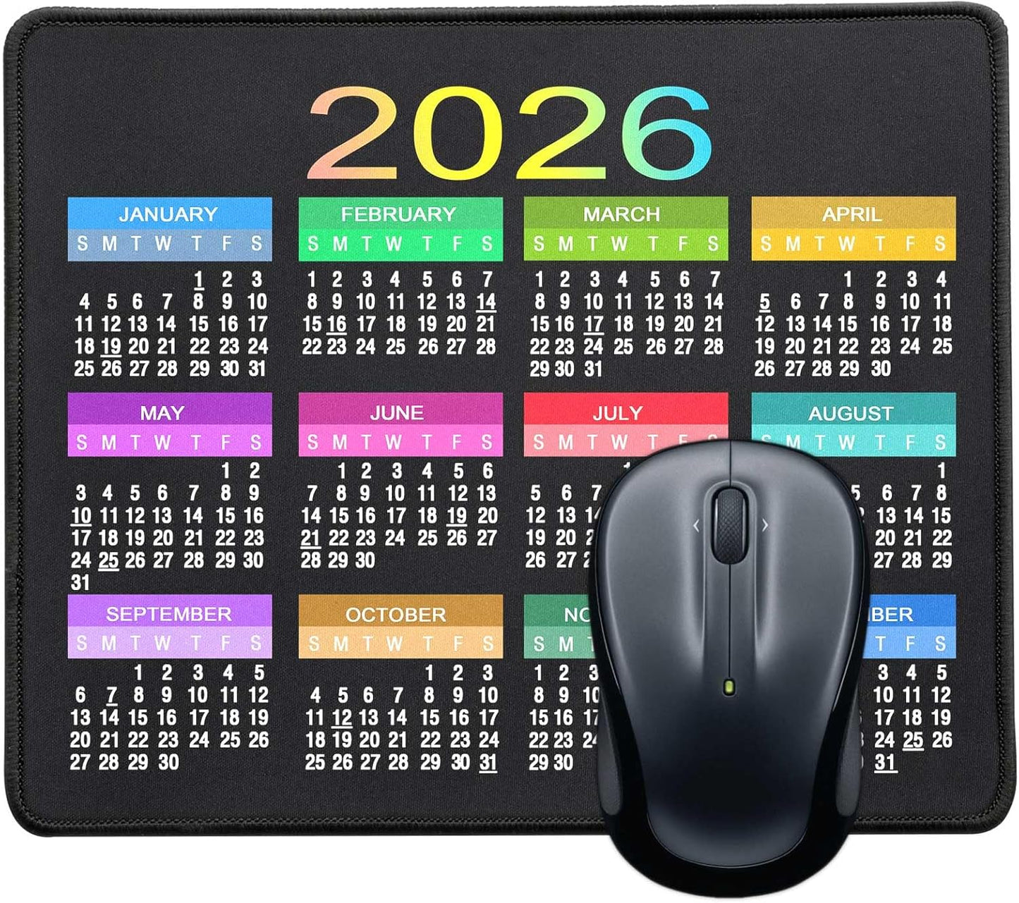 Mouse Pad with Non-Slip Rubber Base, Waterproof Computer Mousepad with Stitched Edges, Mouse Pads for Computers, Laptop, Gaming, Office & Home, 9.5 x 7.8 in (2026 Calendar Colorful)