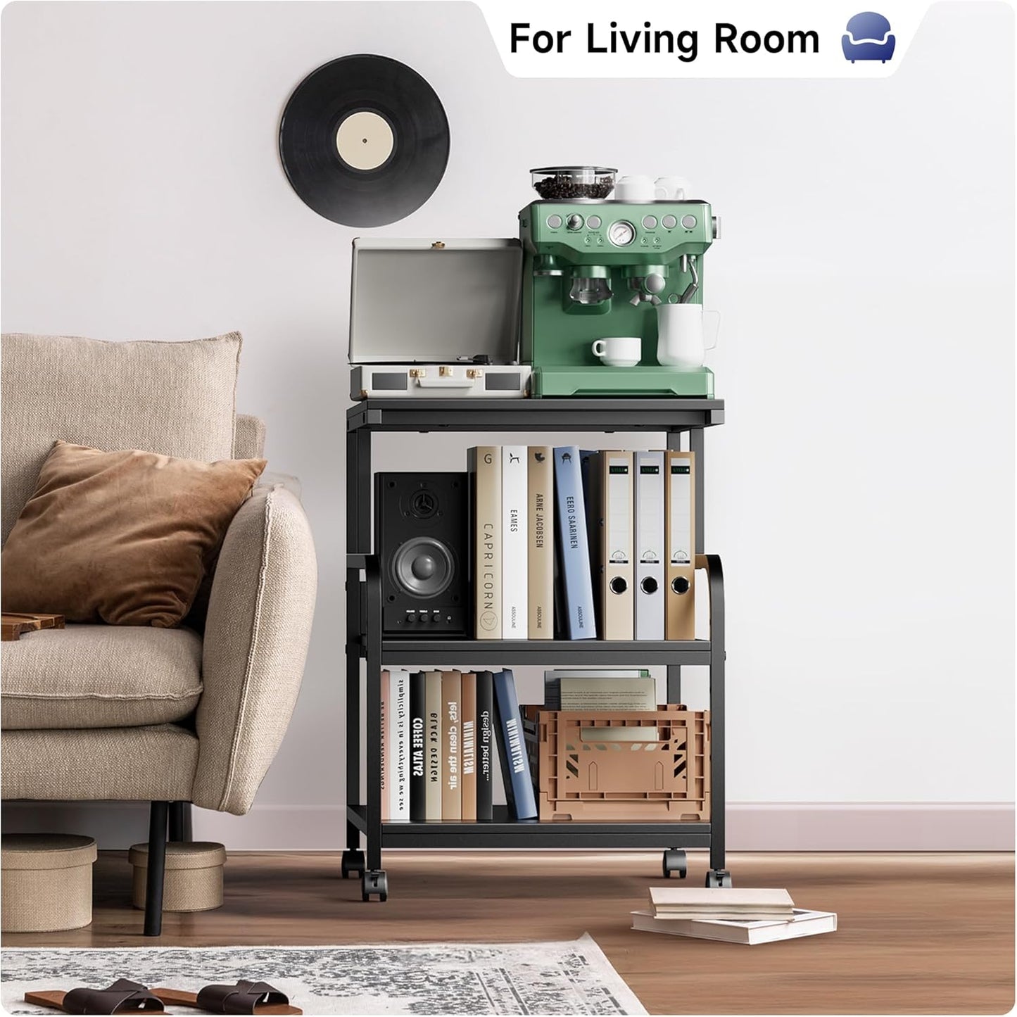 Warmiehomy Printer Stand, 19.68×15.75×27.55 Printer Table with Adjustable Storage Shelf, 3 Tier Rolling Cart with Wheels, Space Saving Desk for Home Office, Mini Fridge & Heat Press Stand, Black