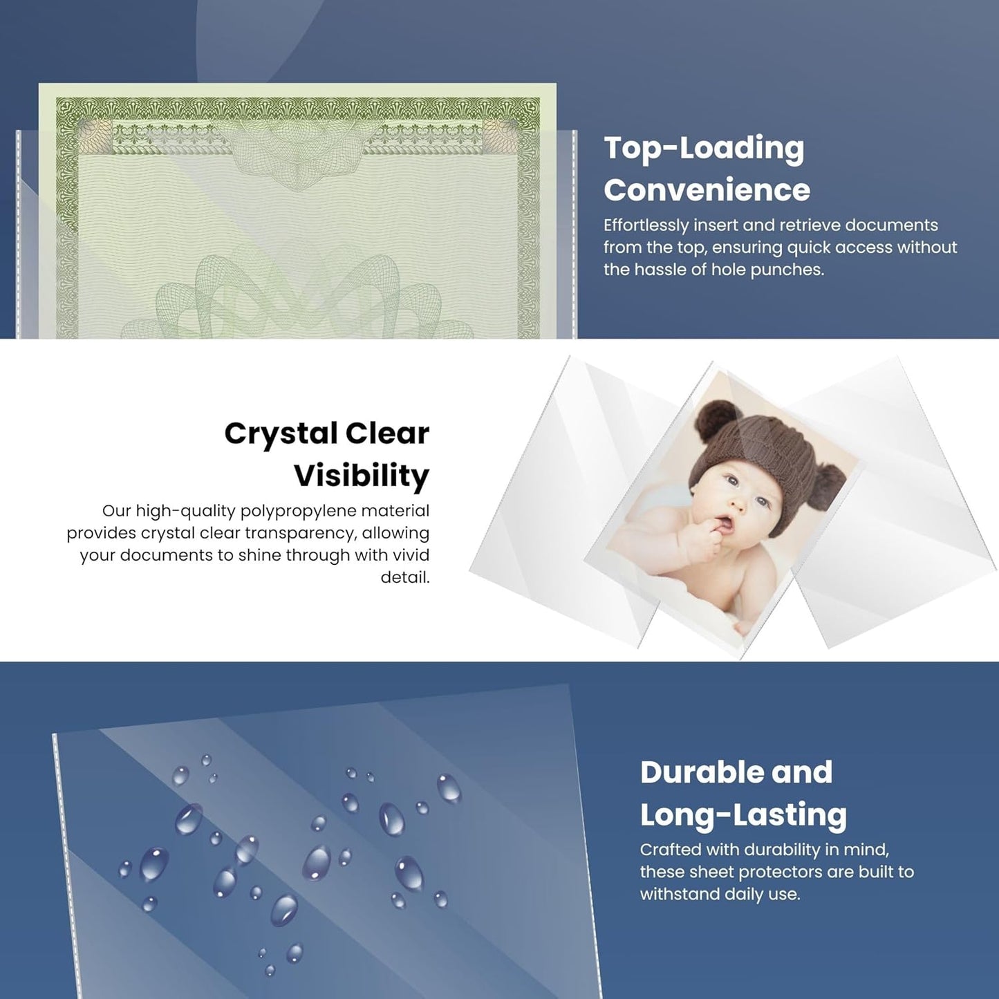 Performore 50 Clear No Hole Sheet Protectors, 8.5" x 11", Plastic Sheet Sleeves, Top Loading Paper Protector, Archival Safe for Documents and Photos