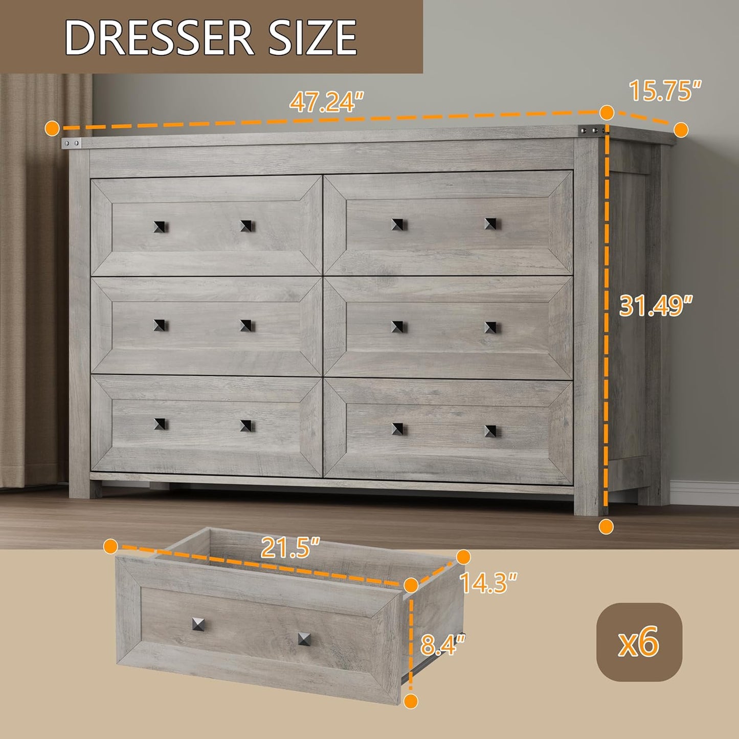 6-Drawer Dresser, Modern Wooden Storage Chest of Drawers, Dresser TV Stand, Wood Drawer Organizer with Metal Handles for Bedroom, Living Room, Hallway
