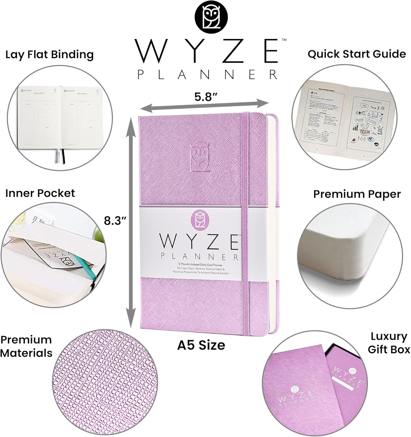 Undated Daily Planner – 3-Month A5 Productivity Organizer with Full Page Per Day, Hourly Schedule, Goal Setting, Habit Tracker, Weekly & Monthly Pages – Hardcover Time Management Notebook (Lilac)