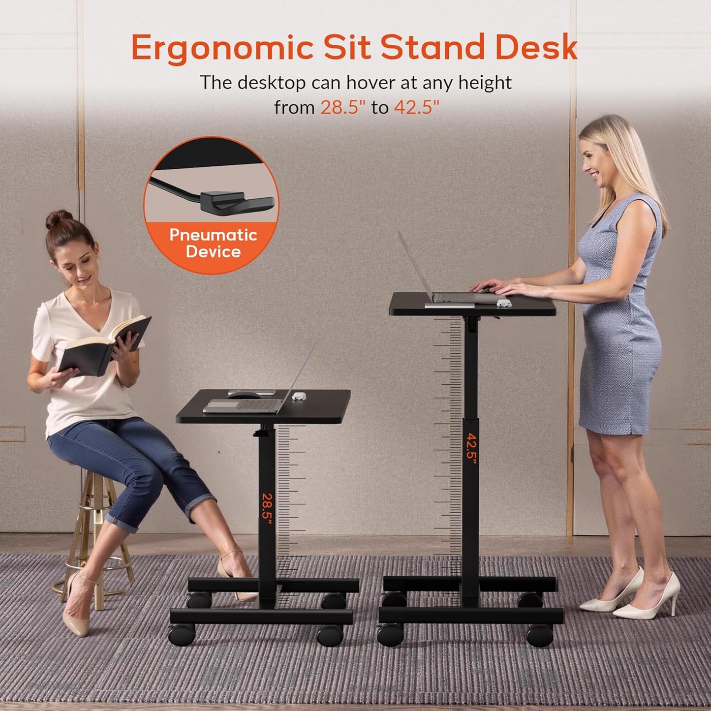 Mobile Small Standing Rolling Desk Adjustable Height, Portable Laptop Desk on Wheels, Workstation for Home Office with Hook, Black