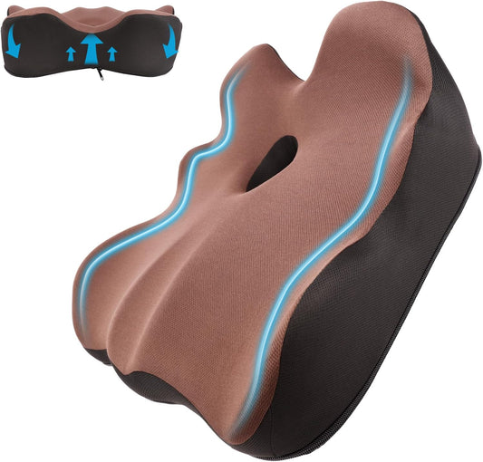 Seat Cushion, X-Large Memory Foam Office Chair Cushion, for Pressure Relief Sciatica & Pain Relief for Long Sitting Hours on Office/Home Chair, Car (Brown)