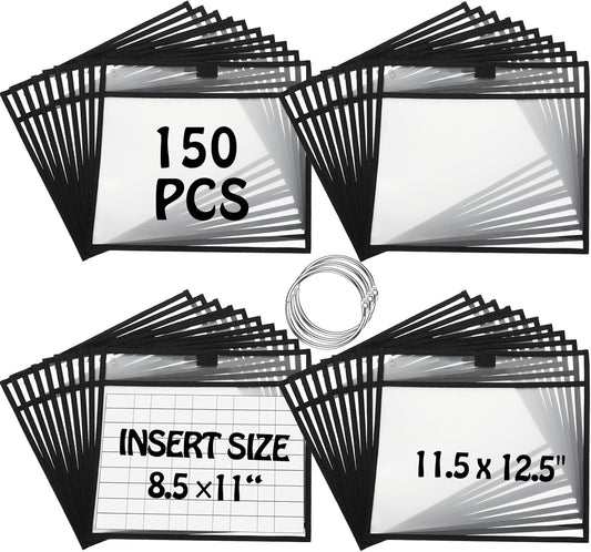 Teling 150 Pcs Dry Erase Pockets Bulk Reusable Job Ticket Holders Clear Plastic Sleeve Protector Work Order Sleeve Shop Ticket Holder for Welcome Teacher Back Office Supplies(11.5 x 12.5'',Black)