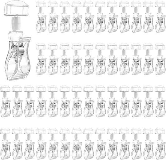 50 Pcs Plastic Sign Holder Clip Clear Food Signs Clip Swivel Price Signs Clip Rotatable Price Rack Shelf Clips for Merchandise Sign Clip Double Display Clips for Retail Cards