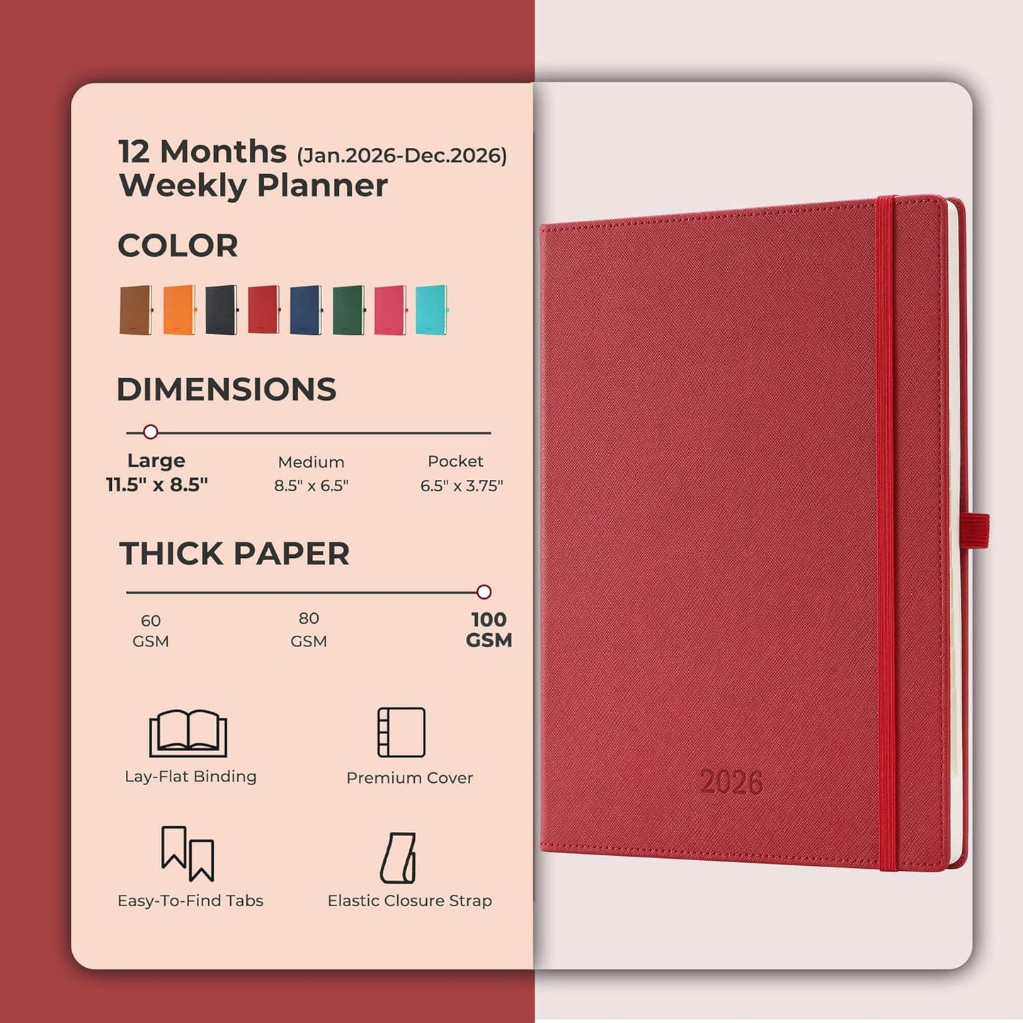 Weekly Monthly 2026 Planner (Jan.26-Dec.26),11.5"x8.5",12 Months Agenda Plan with Month Tabs & Pocket,Expenses/Note Pages, Appointment Book Calendar with Hardcover Vegan Leather Cover,Red