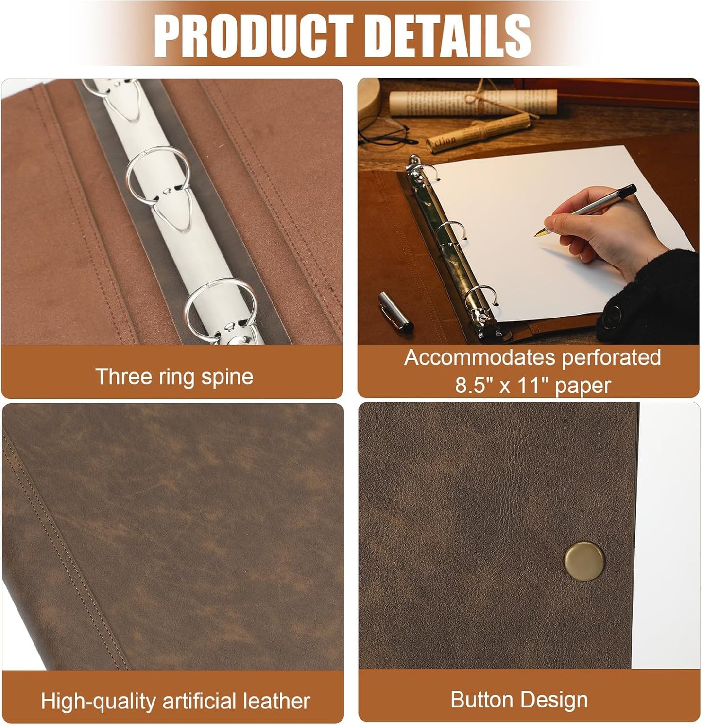 Leather 3 Ring Binder Holds 8.5 x 11 Inch Paper Binder Organizer Vintage Faux Leather Portfolio Folder Planner for Office Home Document Photo Diary Supplies(Vintage Brown)
