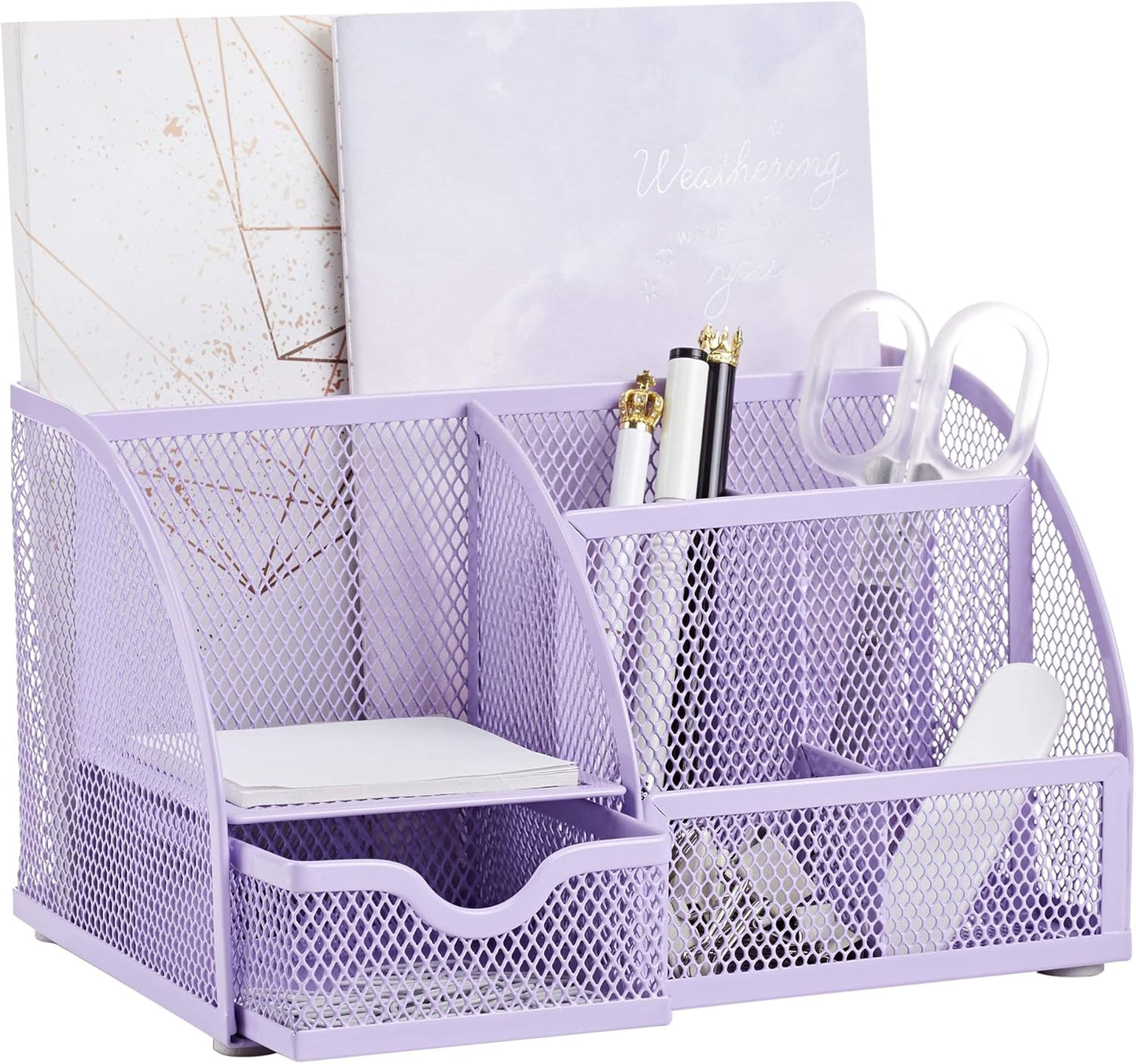 Annova Mesh Desk Organizer Office with 7 Compartments + Drawer/Desk Tidy Candy/Pen Holder/Multifunctional Organizer (Light Purple)