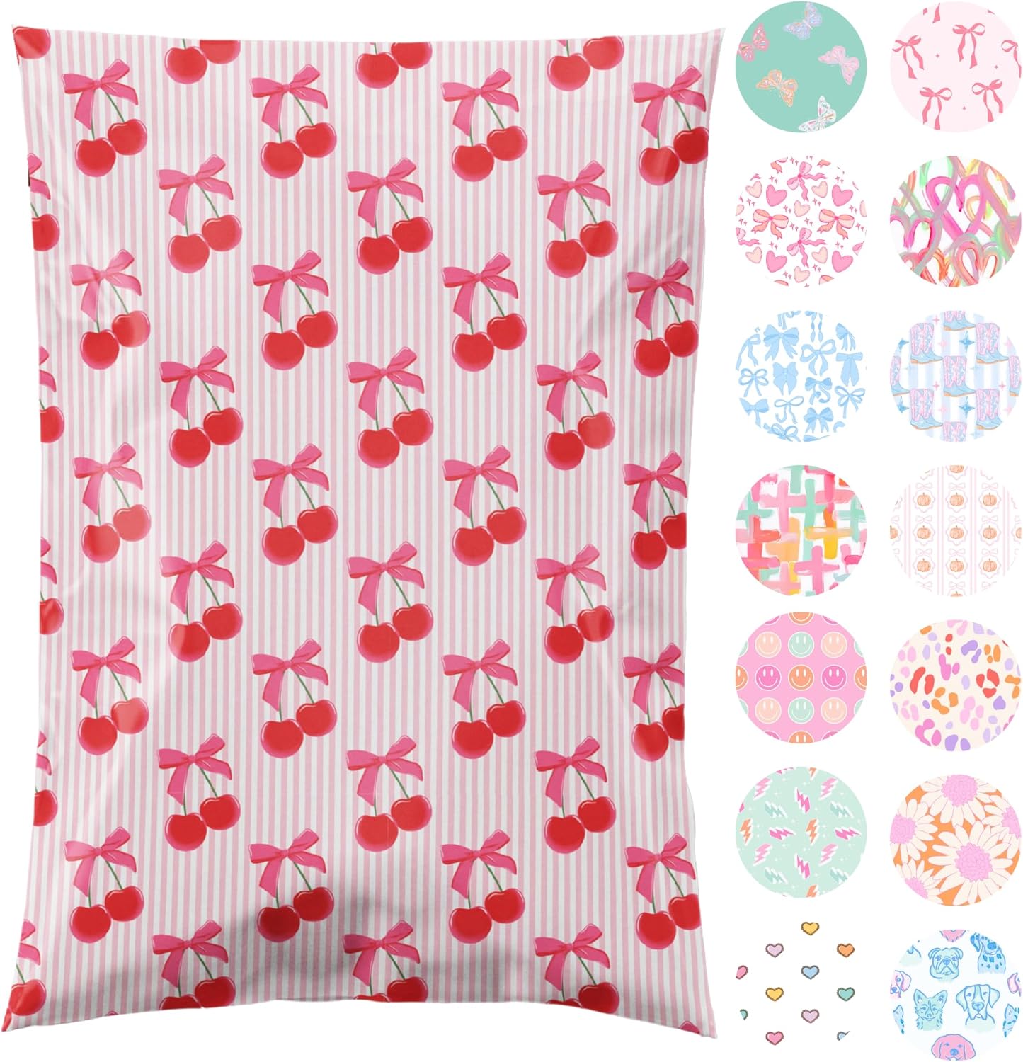 14.5x19 Designer Poly Mailer 100 Pack Heavy Duty Waterproof Self Seal Shipping Bags, Small Business Large Mailing Envelopes Bulk Tear Resistant Packaging Pink Stripe Cherry Fruit