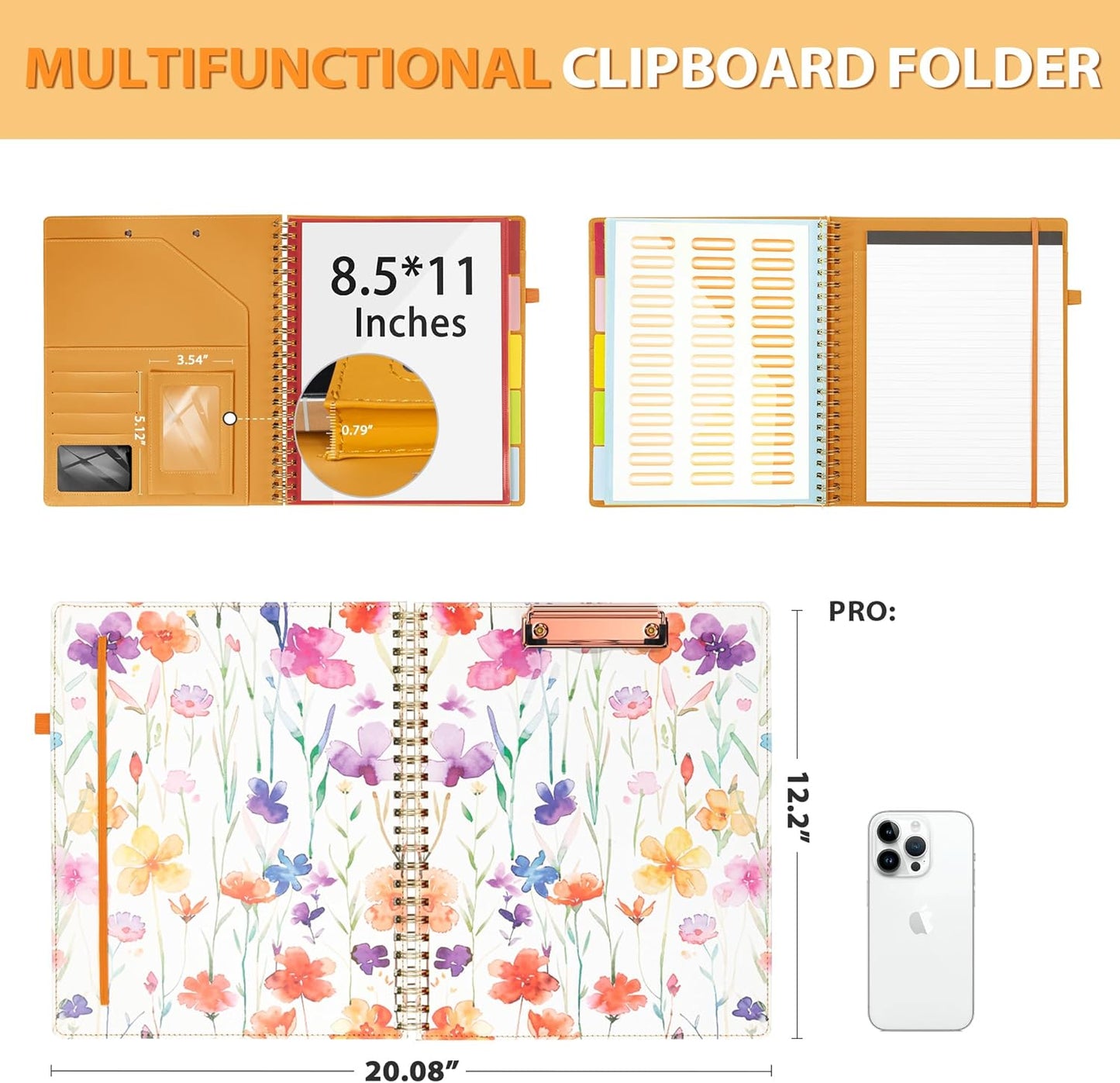 Clipboard with Storage for Men Women, Leather Padfolio Portfolio Organizer 5 Folders with 10 Pockets, Spiral Clipboard Folio with Notepad for Letter Size, Elastic Closure and Pen Loop Flowers