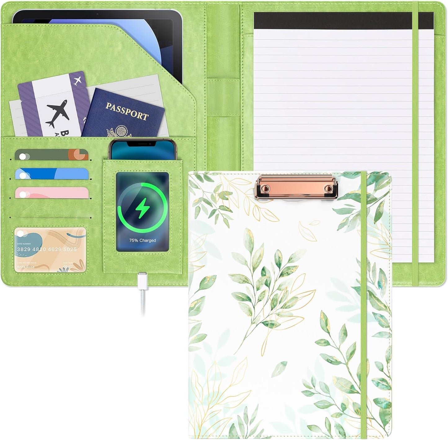 Ospelelf Foldable Faux Leather Clipboard Folio with Notepad 8.5 x 11,Green Business Padfolio for Women Portfolio Organizer, Leaf