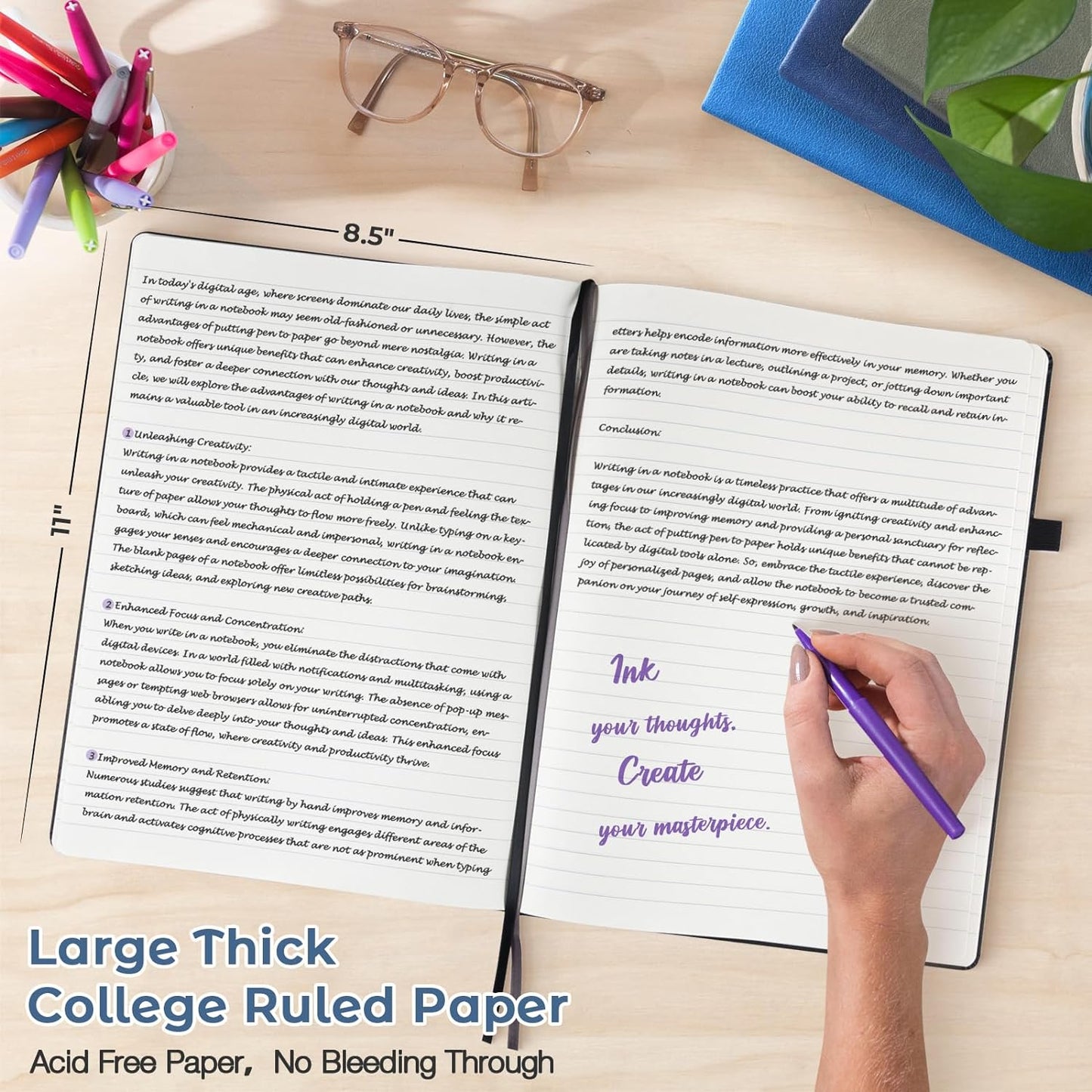 College Ruled Notebook, A4 Hardcover Leather Notebook for Work, Lined Notebook Journal for Women, Men, 192 Thick Paper, 8.5" x 11", Large Notebook with Pockets, Professional Business Notebook, Purple