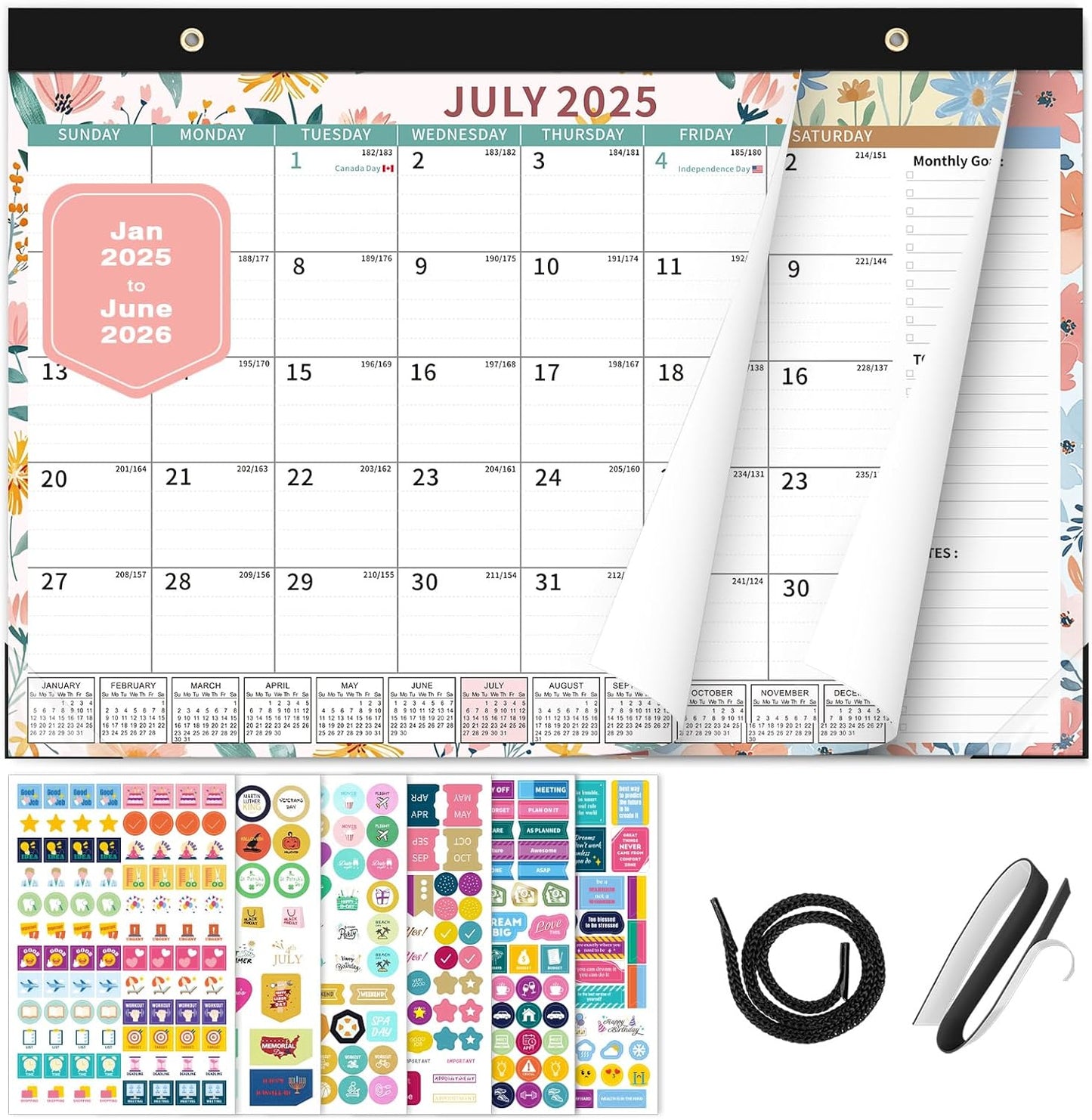 Ospelelf Desk Calendar 2025-2026, Magnetic Fridge Wall Calendar, 18 Month Monthly Large Calendar Planner with Plastic Cover 17" X 12", July 2025 to December 2026 Ditsy Floral