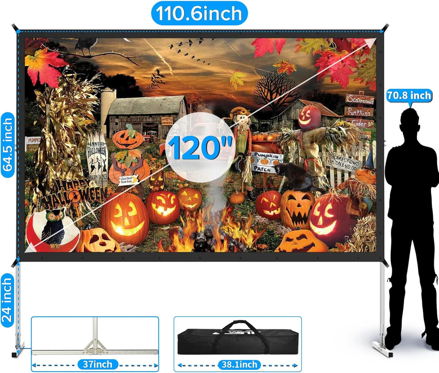 Projector Screen Outdoor,JWSIT 120 inch Outdoor Movie Screen-Upgraded 3 Layers PVC 16:9 Projector Screen,Portable Video Projection Screen with Carrying Bag for Home Theater Backyard