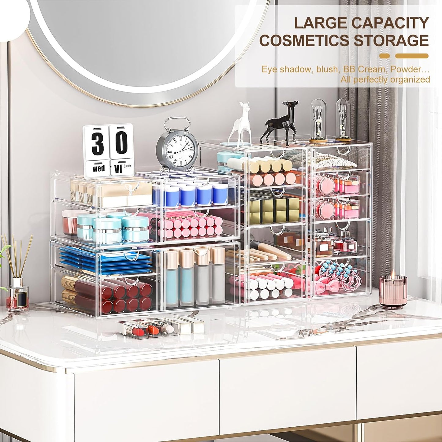 Makeup Organizer Storage With 16 Drawers, 4 Pcs Desktop Office Supplies, Desk Organizers, Clear Accessories, Dustproof Drawer and for Make Up, Jewelry, Pen, Stationary