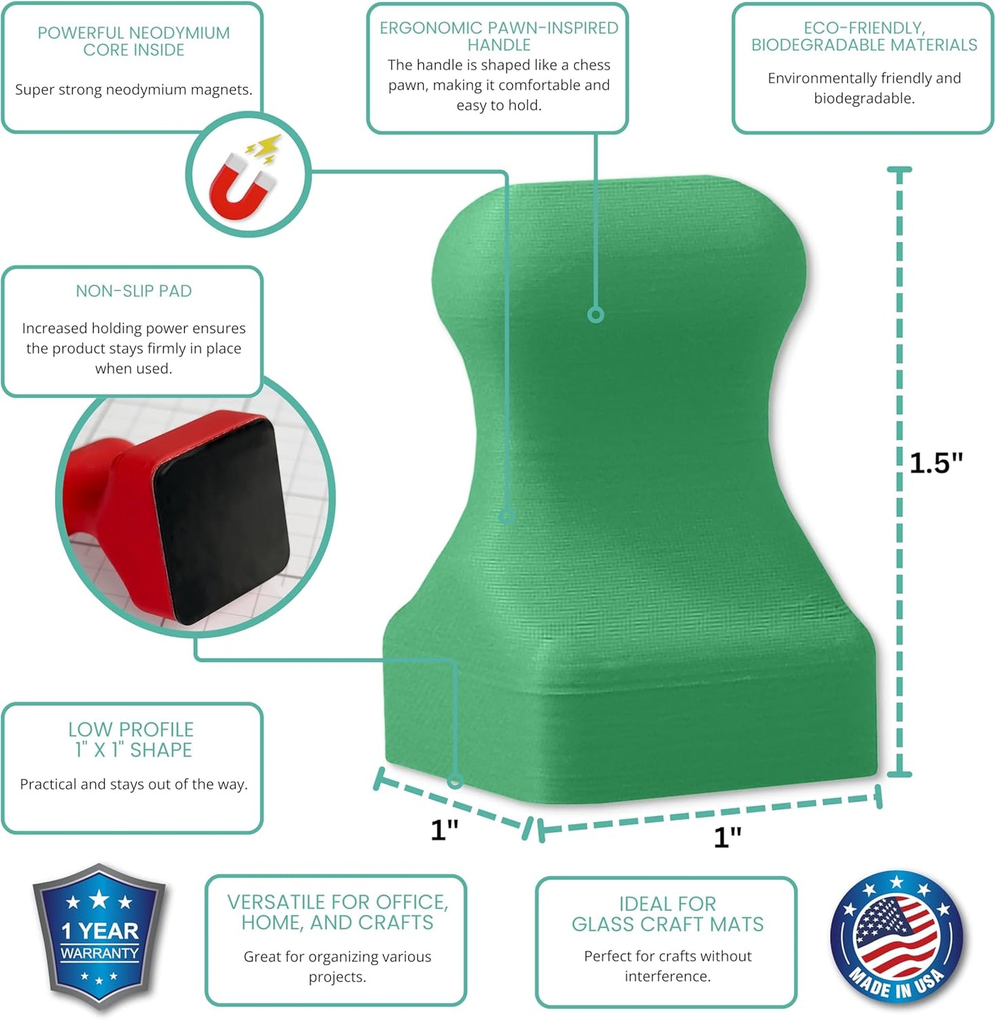 Glassboard Studio MiniPawn Magnet - Strong Neodymium Rare Earth Magnets for Fridge, Whiteboard, Locker & Magnetic Glassboards - Crafting & Office Use - Strong Fridge Magnets (Spring Green, 12)