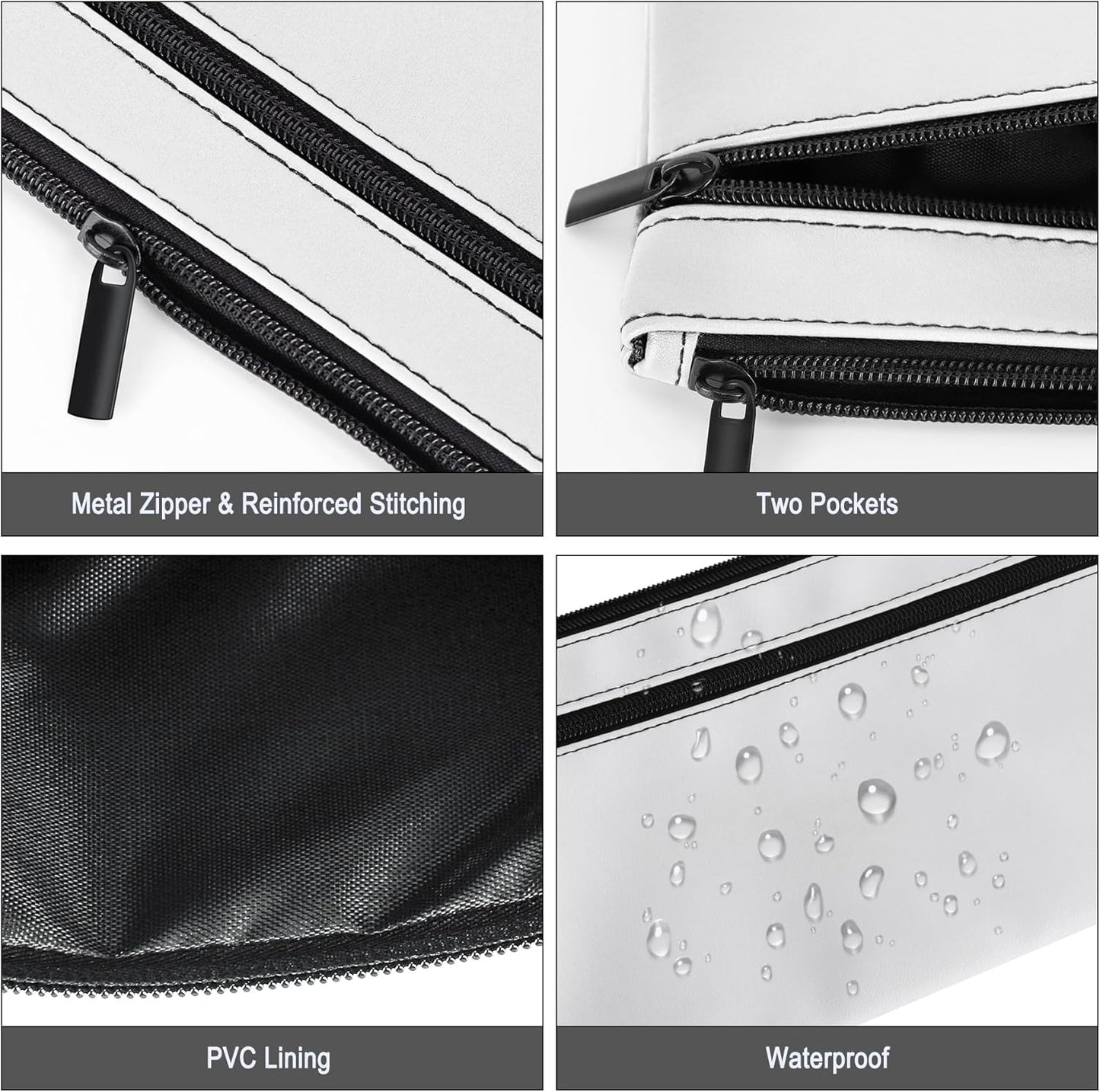 HAUTOCO 2 Pack Money Bag with Zipper 11x6.1 inch Money Pouch with Lined PU Leather Bank Bag Two Pockets Utility Wallet for Cash Check Receipt Coins Cosmetics, White