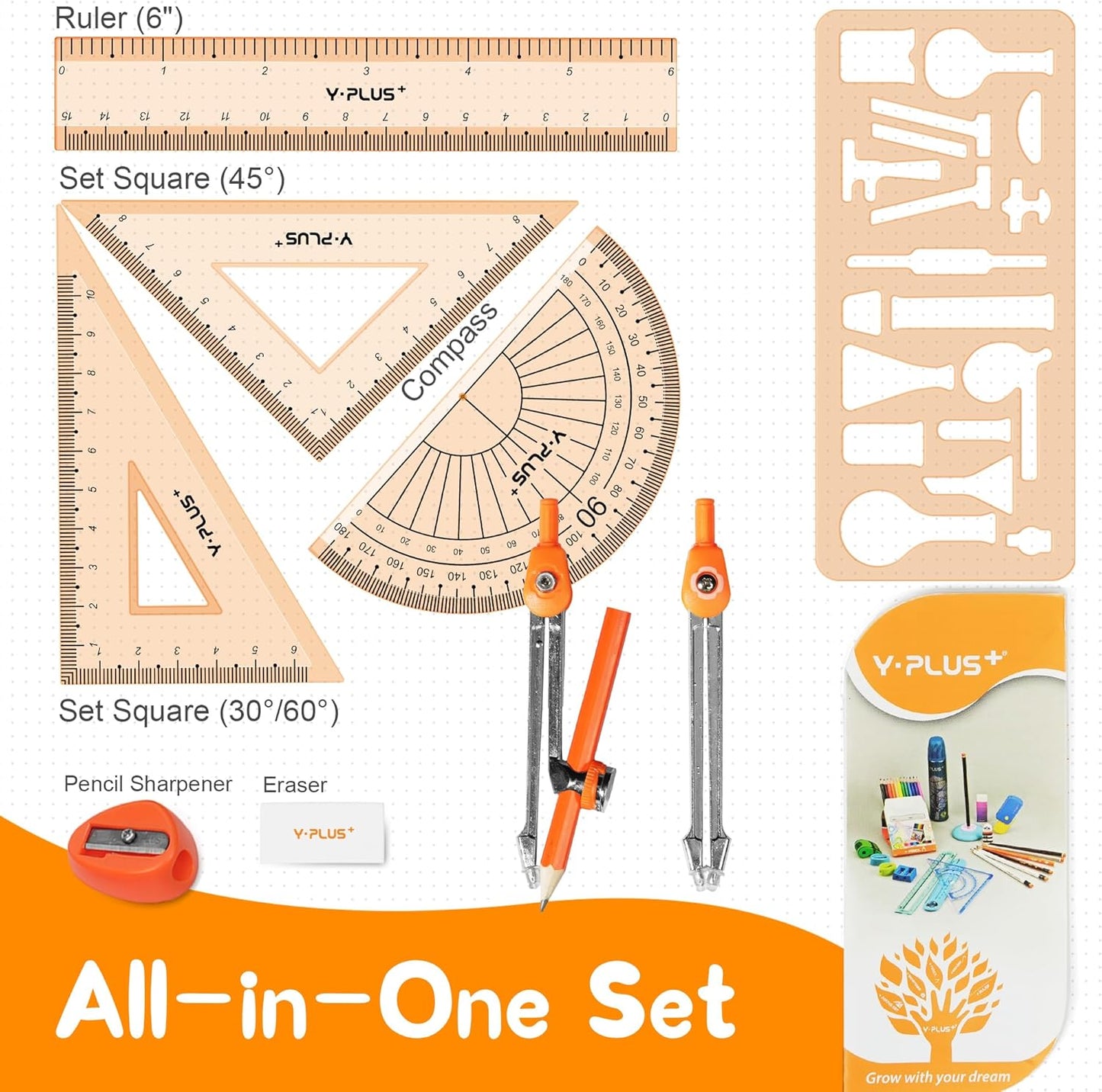 YPLUS Geometry Set for Students, Math Protractor Compass, Box of Protactors Kit for Class Supplies and School Kids Toddler - 11 Pcs