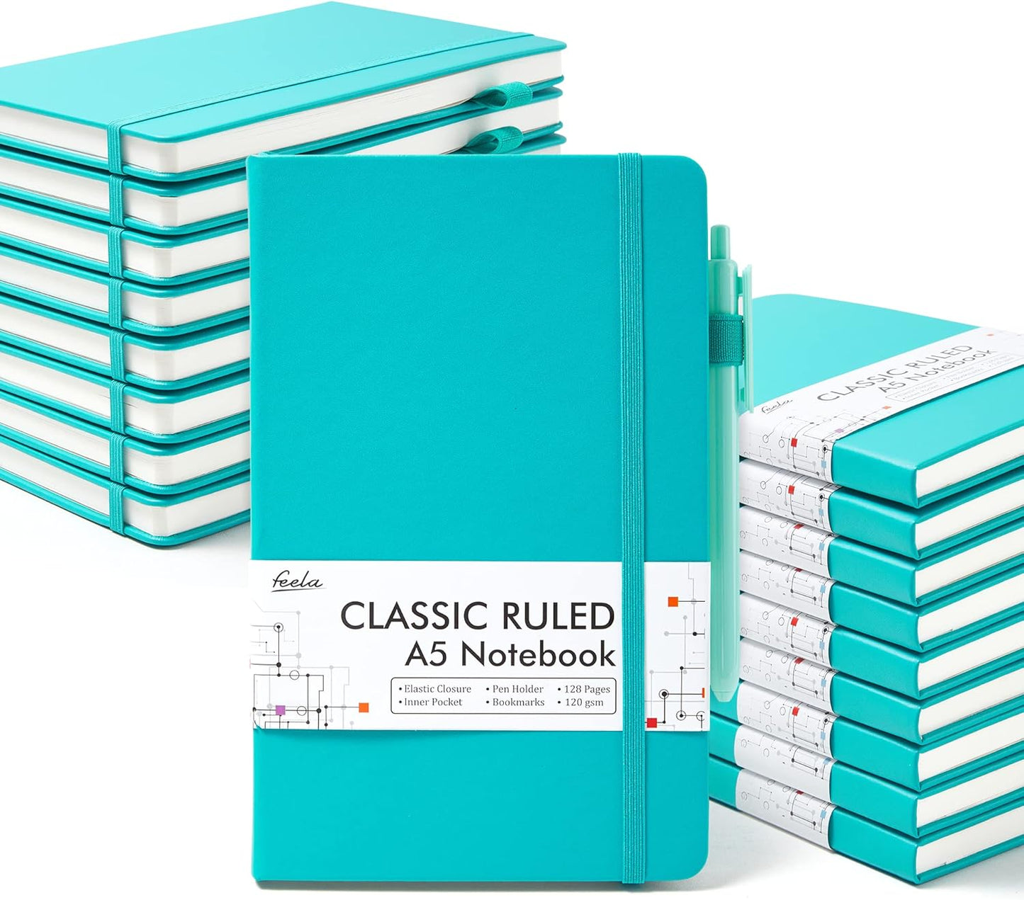 feela 18 Pack Journal Notebook for Work, Business Notebook Bulk Hardcover Lined Writing Journal with Pen Holder for Men Women Note Taking, with 18 Black Pens, 120 GSM, 5.1”x8.3”, A5, Emerald