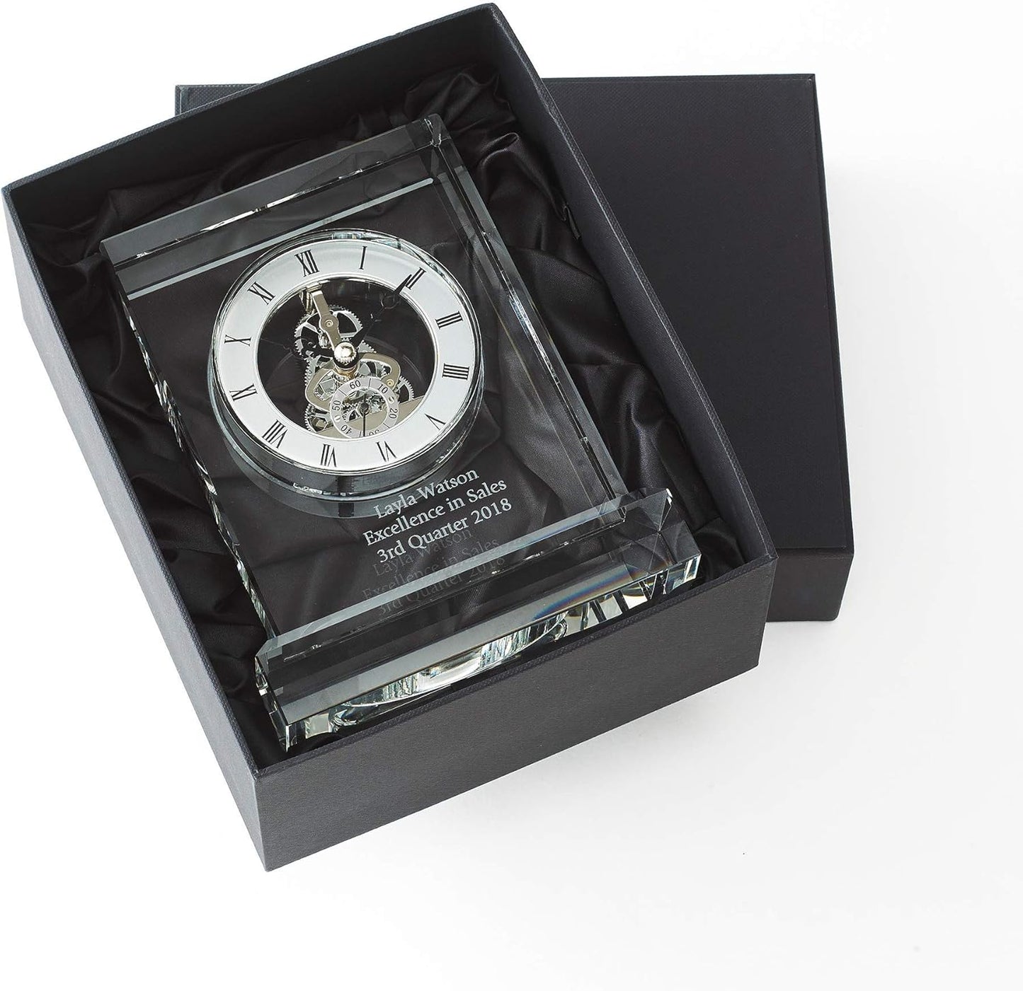 Baudville Engraved Clock Trophy - Executive Crystal - Rectangular Shaped on a Rectangular Base - Silver Inset Time Piece (Silver)
