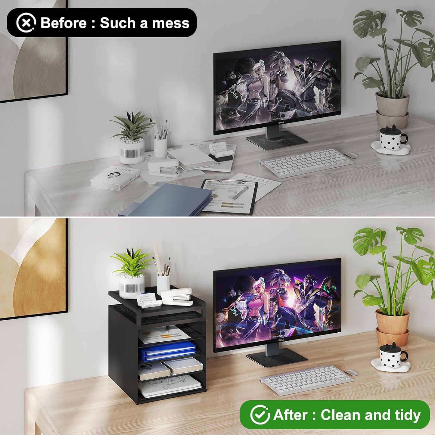 Aothia Desk Organizer with 4 Sliding Trays – Metal File Organizer for Desktop, Hanging Under Desk Organizer and Paper Tray Shelf, Space-Saving Office Document Sorter, Black