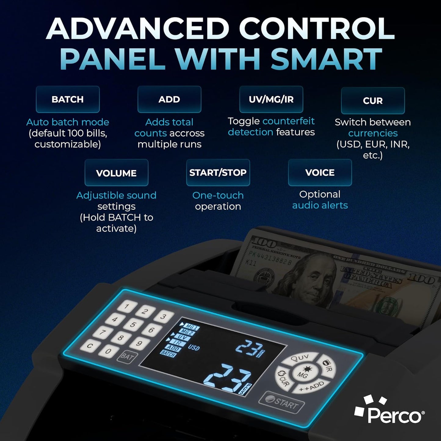 Perco Bill Counter and Counterfeit Detector Machine – Money Counter Machine with UV/MG1/MG2/IR, Voice Alerts, Keypad, Add & Batch Modes, Volume Control, Multi-Currency (USD/EUR/INR), LCD Display