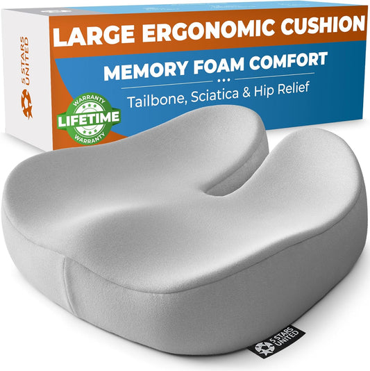 5 STARS UNITED Seat Cushion for Tailbone Pain Relief – Large Memory Foam Lifting Pillow for Coccyx, Hip, Sciatica & Post-Surgery Recovery – Wheelchair, Car, Desk, Gaming & Office Chairs, Light Gray