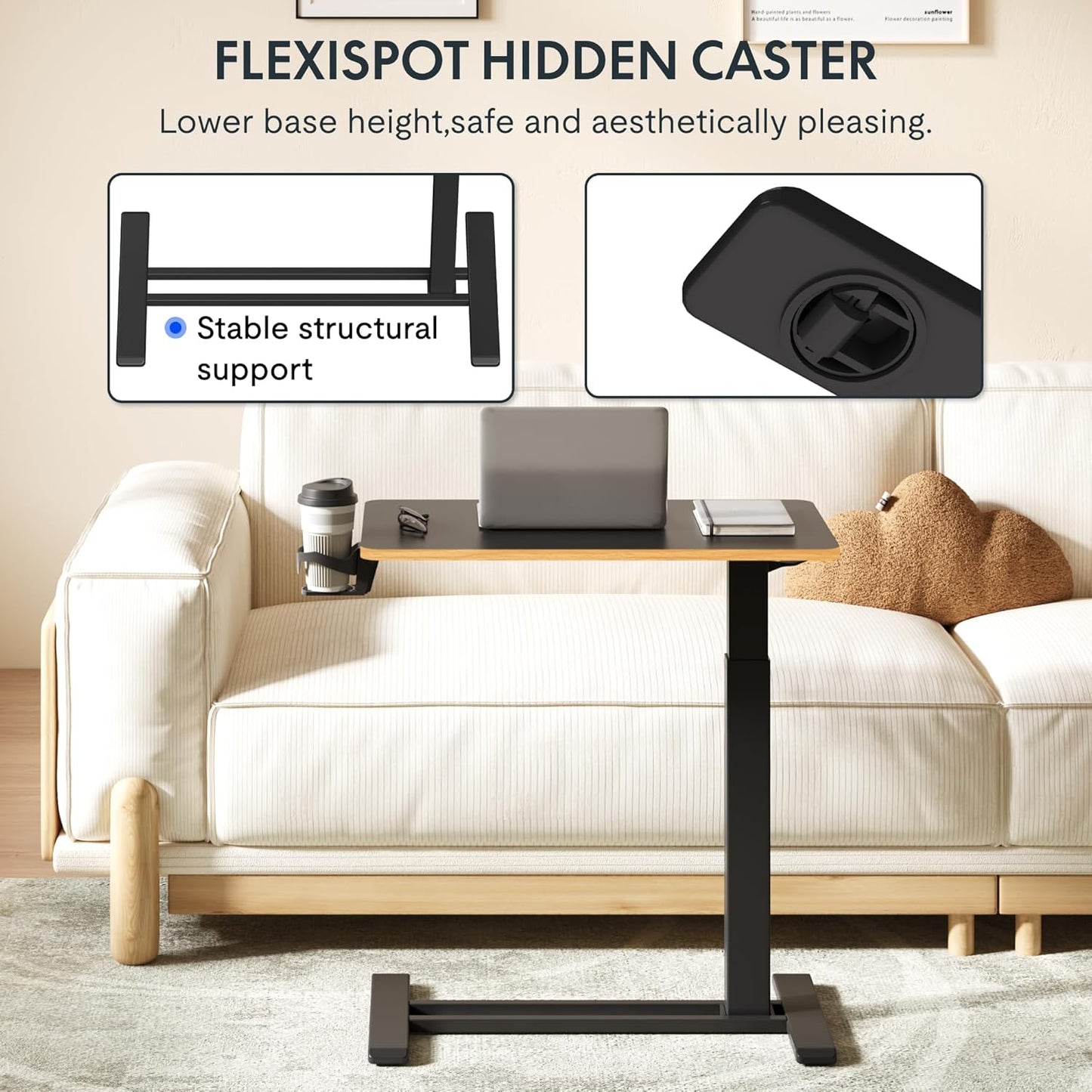 FLEXISPOT Mobile Standing Desk with Wheels Pneumatic Laptop Desk Rolling Computer Cart Movable Height Adjustable Small Sit Stand Desk Computer Workstations Home Use（31.5" W x 17.7" D, Black+Maple