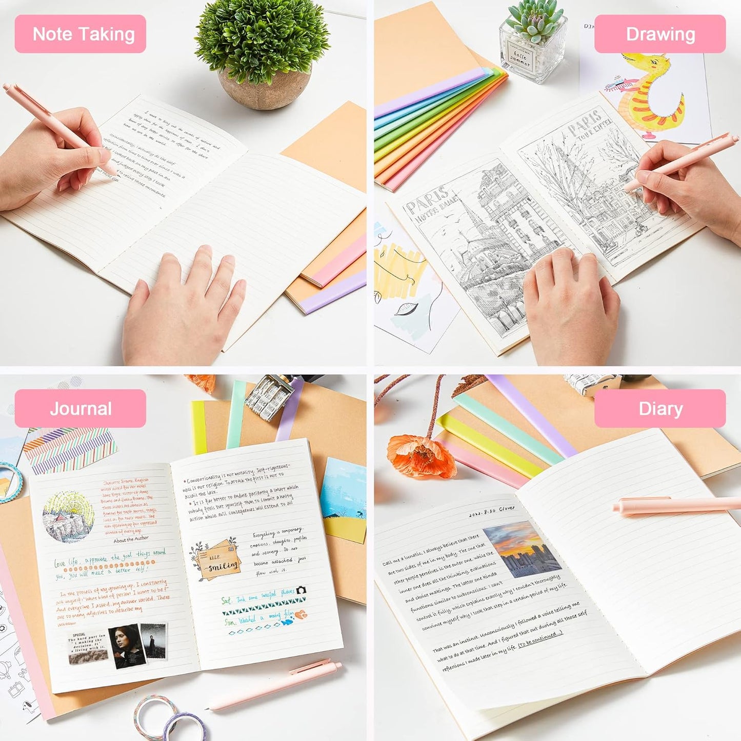 feela 16 Pack Composition Notebook Bulk, Kraft Cover Lined Blank College Ruled Travel Journals with Pastel Color Spine For Women Students Office, 60 Pages, 8.3”x 5.5”, A5, 8 Pastel Colors