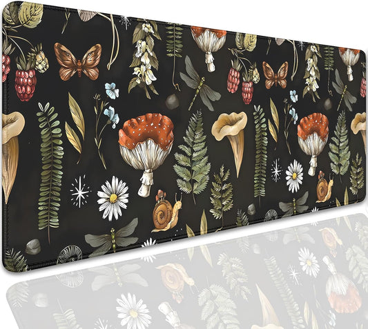 Plant Mushroom Desk Pad Mouse Pad,Large Black Aesthetic Mouse Mat with Stitched Edges,Non-Slip Rubber Base Mousepad for Office PC Keyboard Laptop and Home Work Desk Mat(27.5X11.8 in)