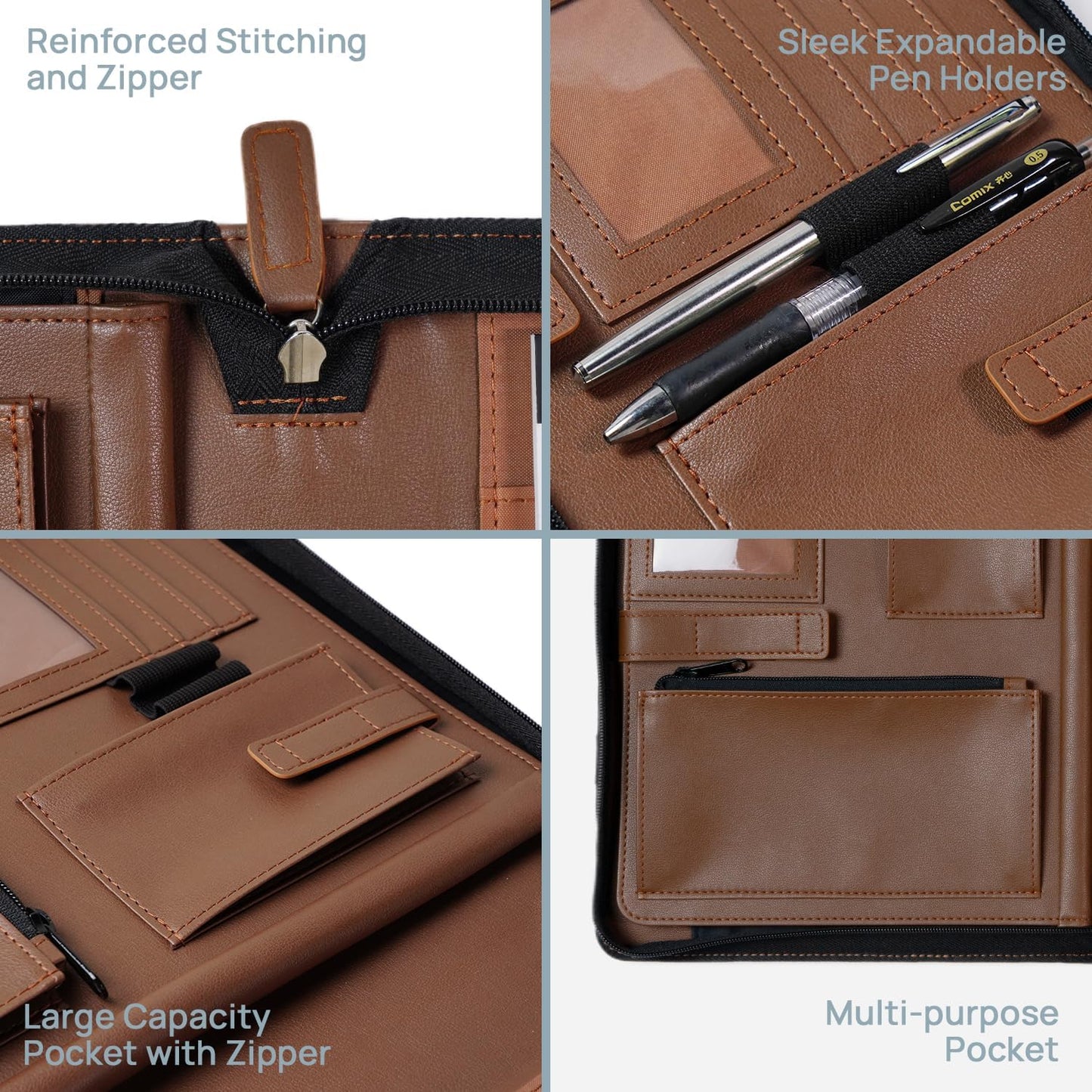 POPRUN Portfolio Binder with Zipper, Leather Padfolio Document Organizer with Storage, Professional Business Briefcase Ideal for Meeting Presentation Work-Includes 50 Sheet Writing Pad, Brown