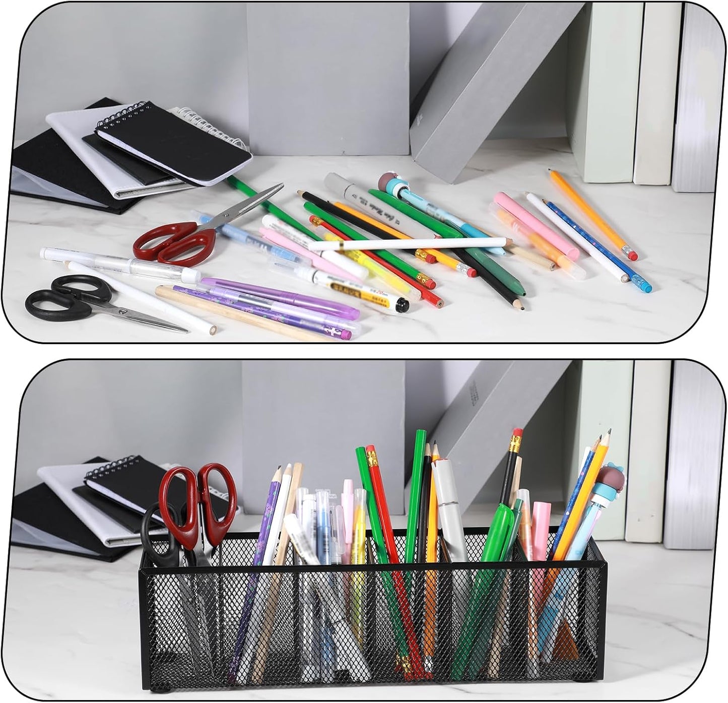 2 Pcs Black Metal Mesh Desk Organizer Pen Holder 6 Compartments Pencil Holder for Desk, pen organizer for Office Supplies, Pencil Caddy, Makeup Brush Storage, Home and Classroom Accessories