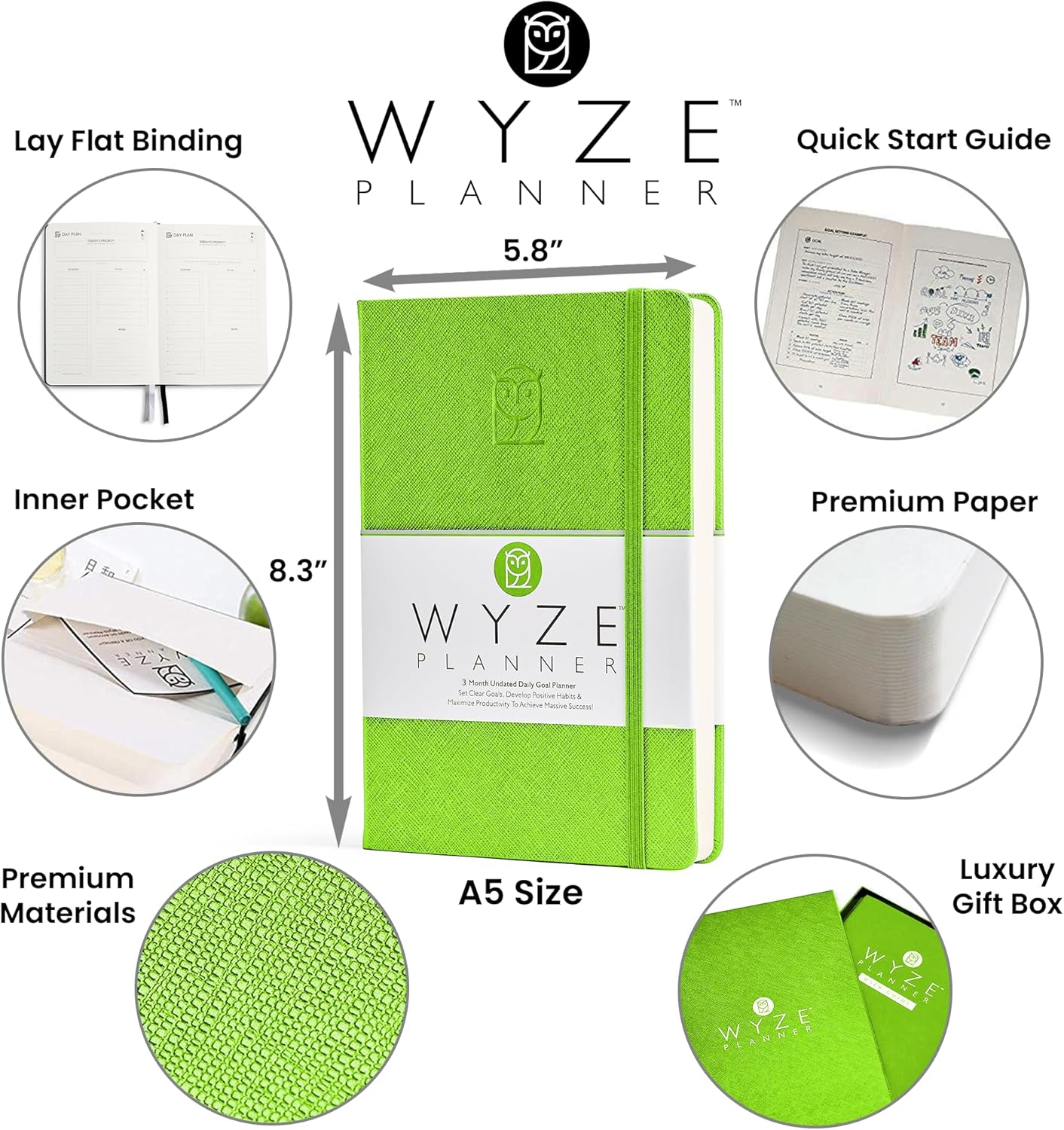 Undated Daily Planner – 3-Month A5 Productivity Organizer with Full Page Per Day, Hourly Schedule, Goal Setting, Habit Tracker, Weekly & Monthly Pages – Hardcover Time Management Notebook (Lime Green)