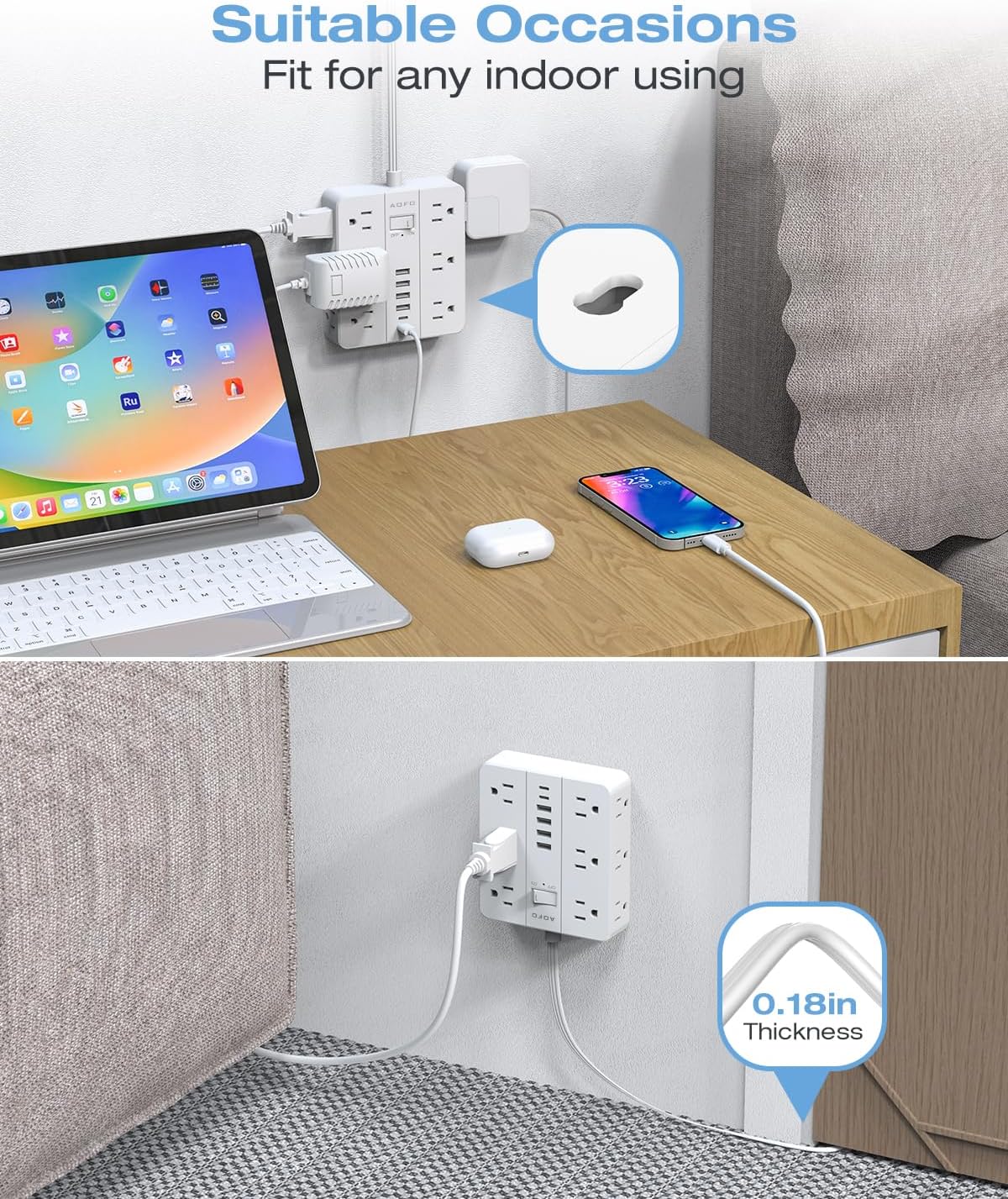 15FT Surge Protector Power Strip,12 AC Outlets with 6 USB Ports (2 USB-C), Flat Plug Extension Cord with Multiple Outlets, Wall Mount for Home Office,Dorm, White