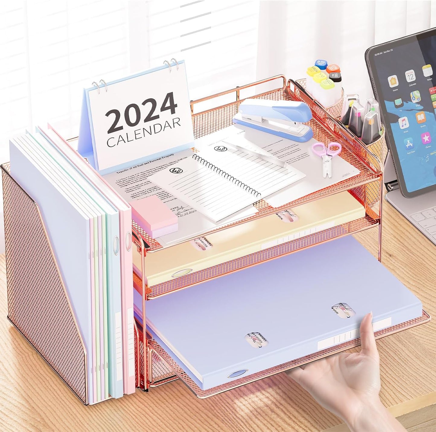 Desk Organizer and Accessories, 4-Tier Desktop File Organizer with Drawer and 2 Pen Holders, Office Desk Accessories for Office Supplies(Rose Gold)