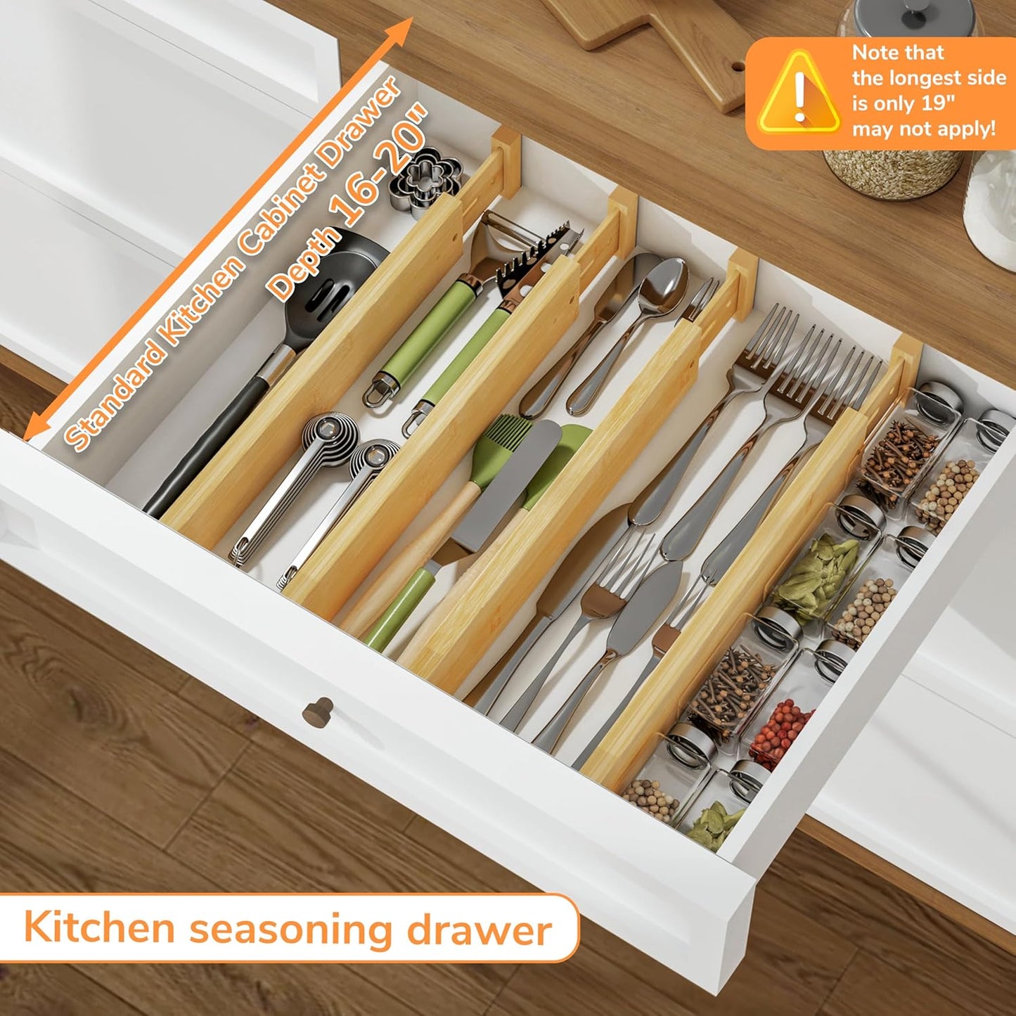 BAMEOS Drawer Divider,Expandable Bamboo Separators Adjustable Utensil Knife Fork Tool Kitchen Organizer, Clothes Fabric Drawer Organizer In Bathroom Bedroom Office, Cabinet Dresser Organizer 4-pack