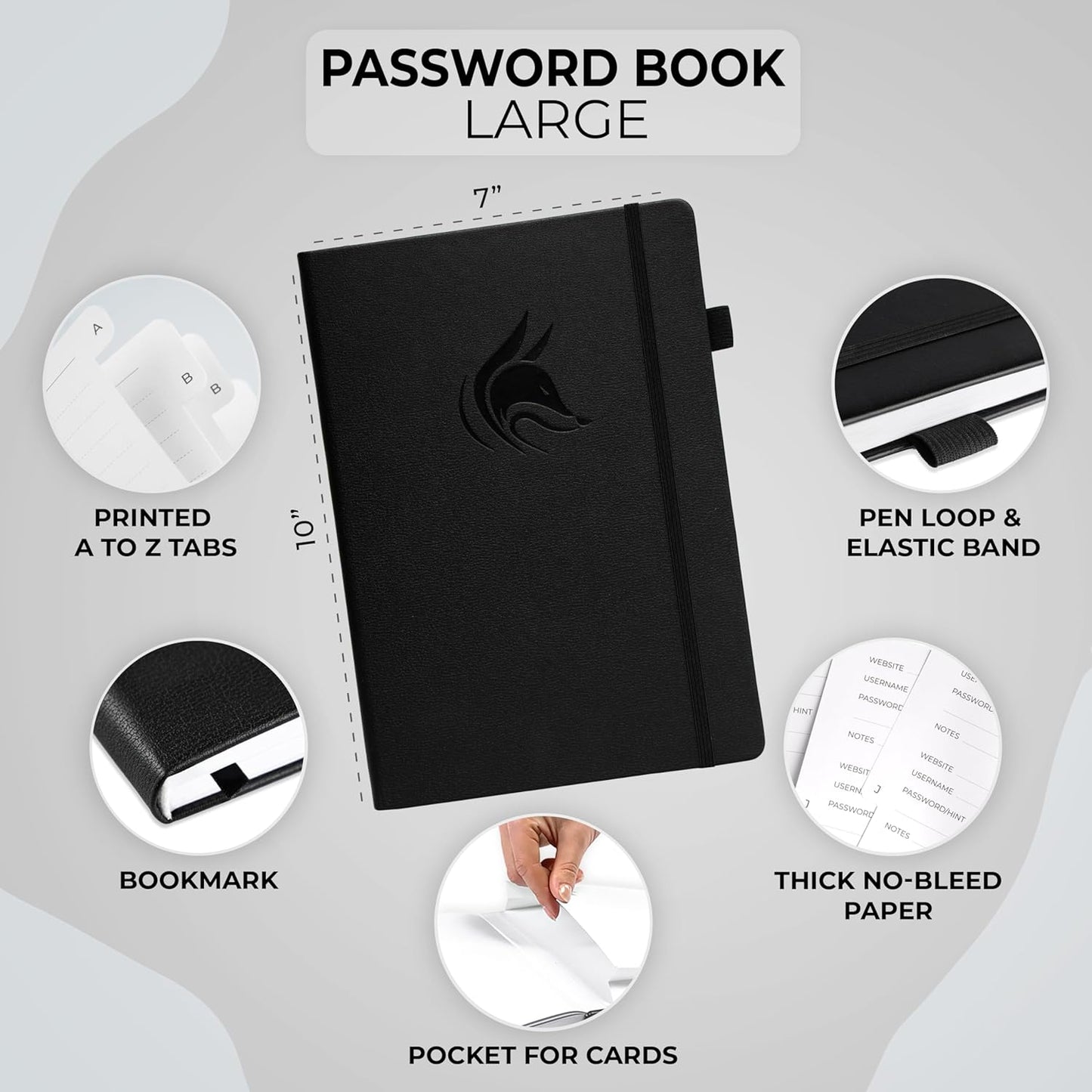 Clever Fox Password Book with alphabetical tabs. Internet Address Organizer Logbook. Large Password Keeper for Website Logins (Black)