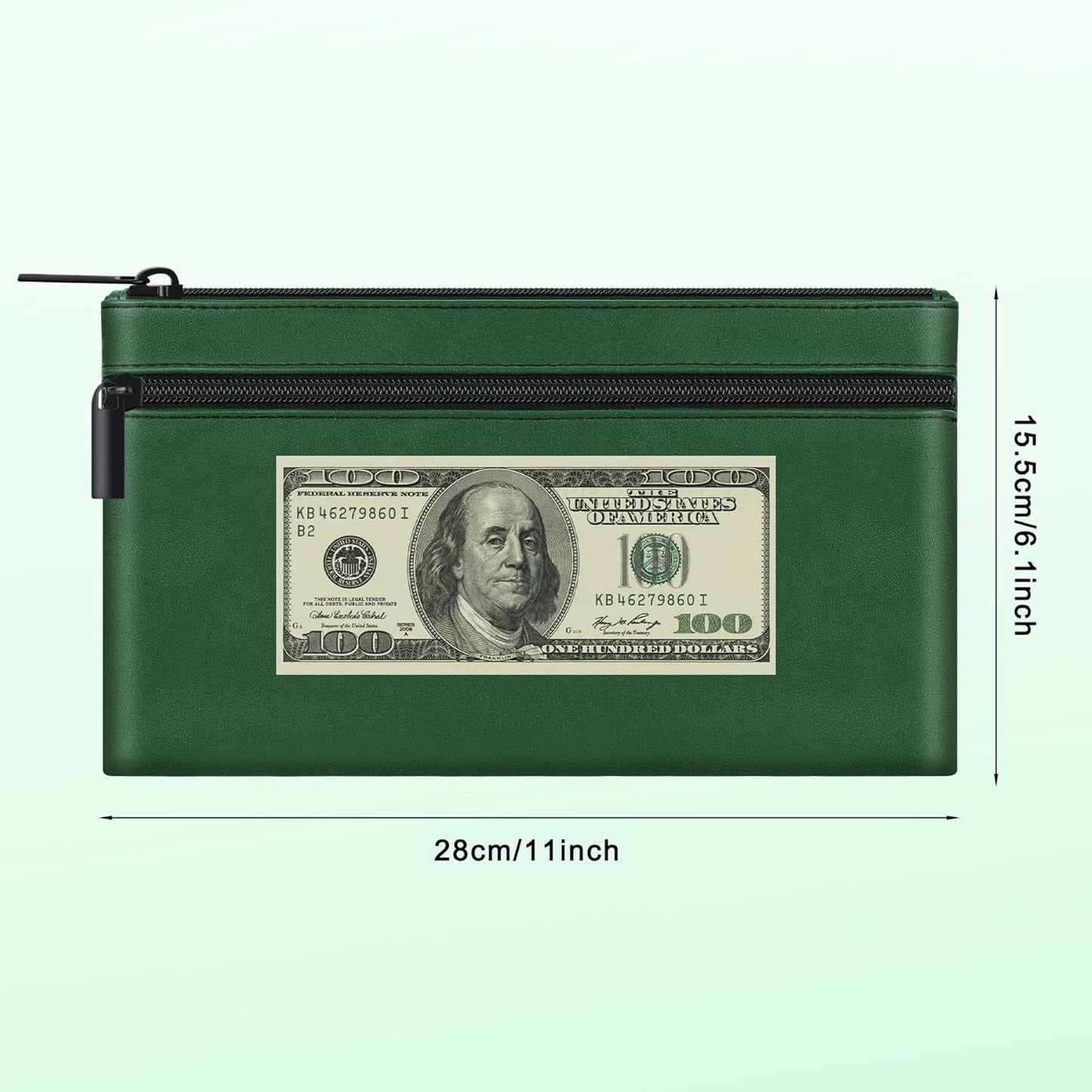 HAUTOCO Money Bag with Zipper 11x6.1 inch Money Pouch with Lined PU Leather Bank Bag Two Pockets Utility Wallet for Cash Check Receipt Coins Cosmetics, Deep Green