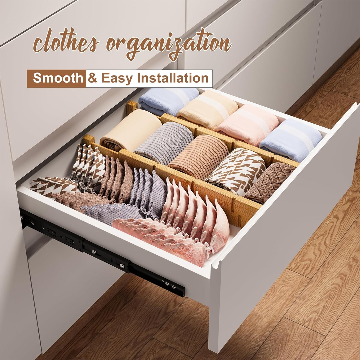 Bamboo Drawer Dividers with Inserts kitchen drawer organizer Adjustable Expandable 8 Pack Organizer Set for Kitchen Bedroom Bathroom Office 8 Dividers with 16 Inserts (Natural, Large (18-22.5IN))